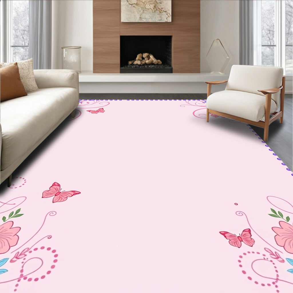 Pastel Pink Butterfly Floral Swirl Rug