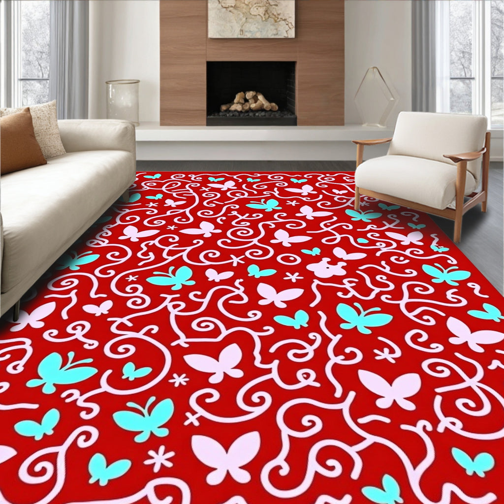 Whimsical Red Butterfly Vines Rug