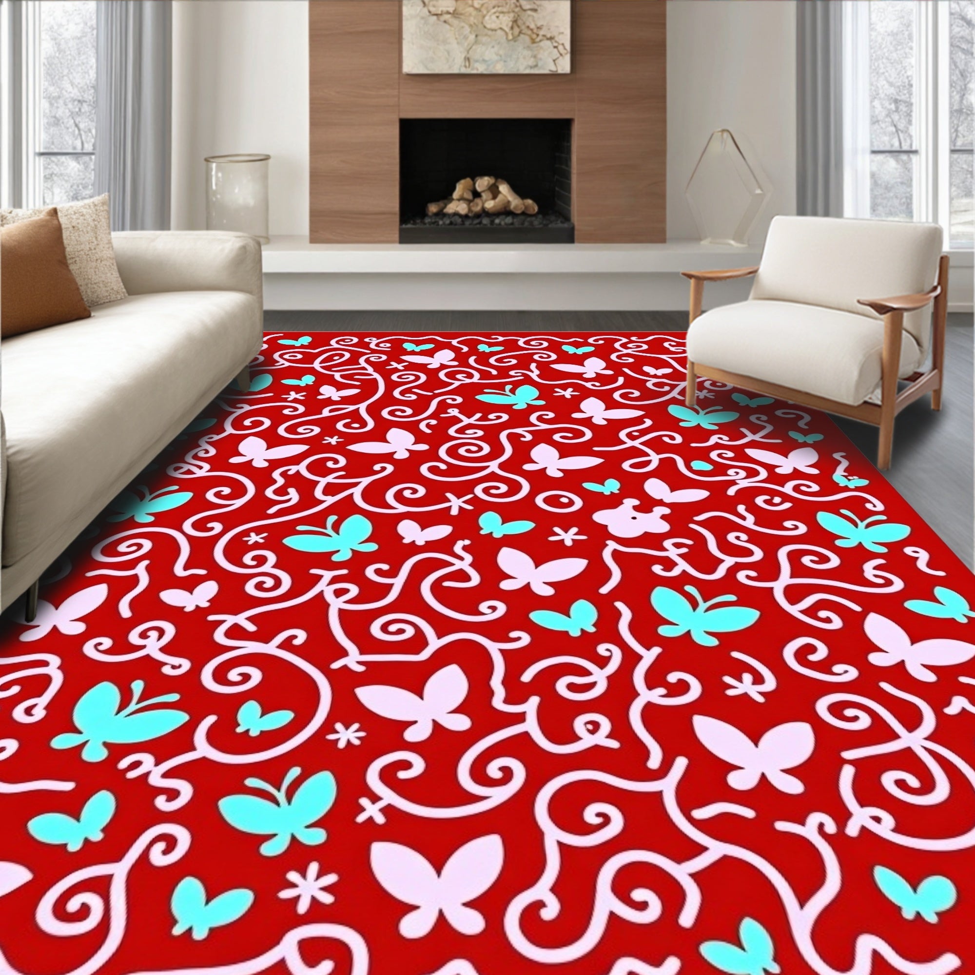 Whimsical Red Butterfly Vines Rug