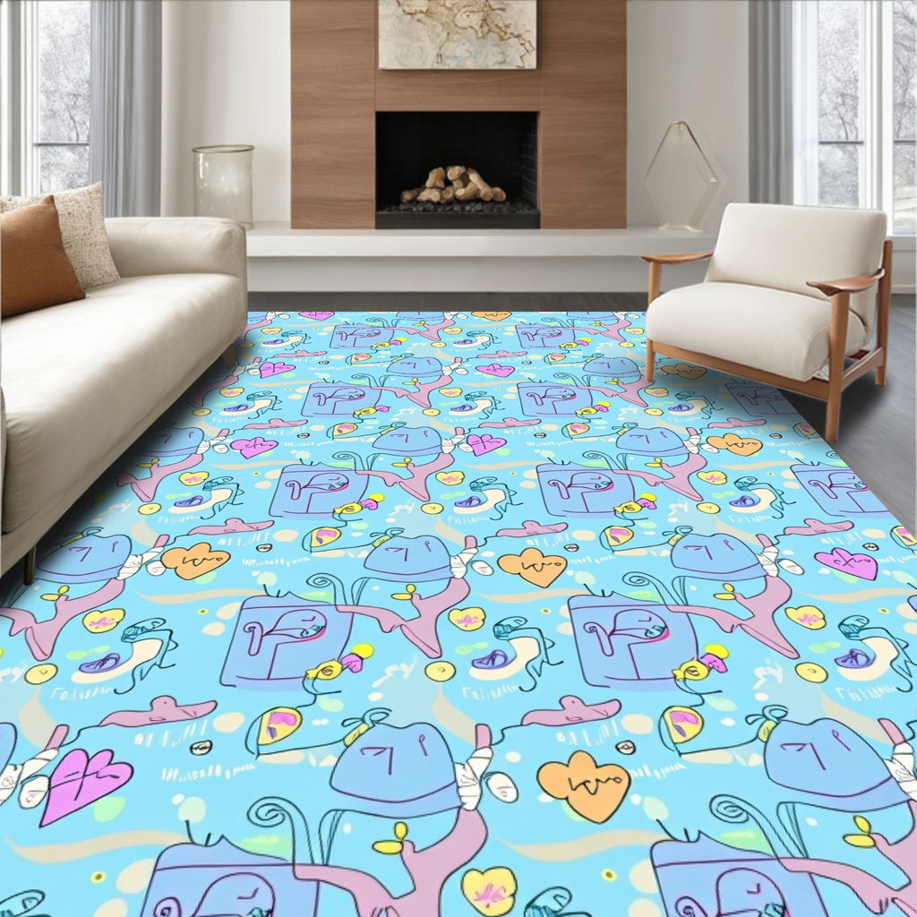 Whimsical Blue Abstract Heart Tree Rug
