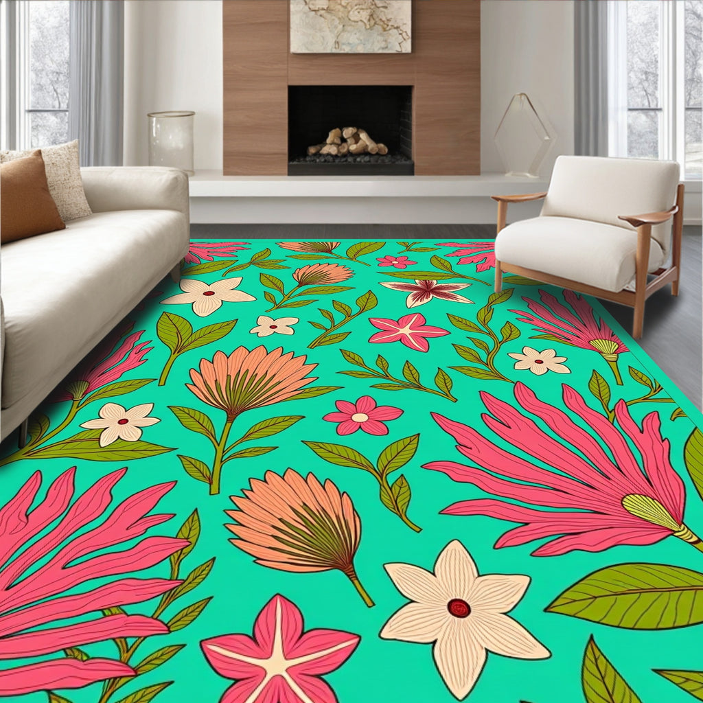 Vibrant Teal Tropical Floral Arrangement Rug