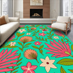 Vibrant Teal Tropical Floral Arrangement Rug