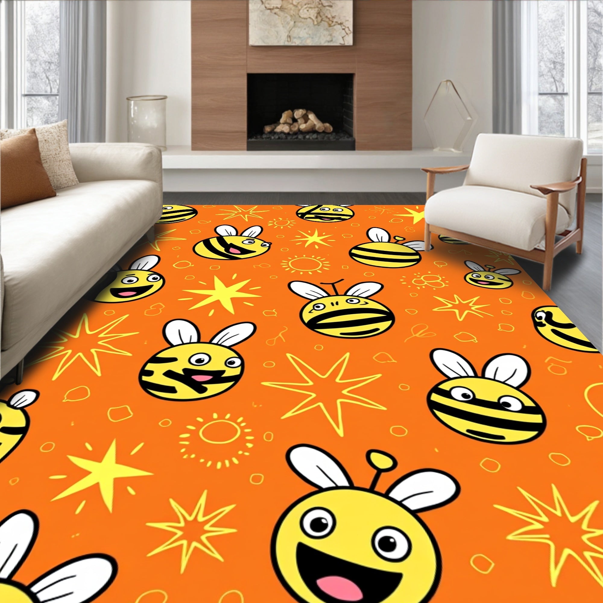 Happy Yellow Bee Starburst Orange Rug