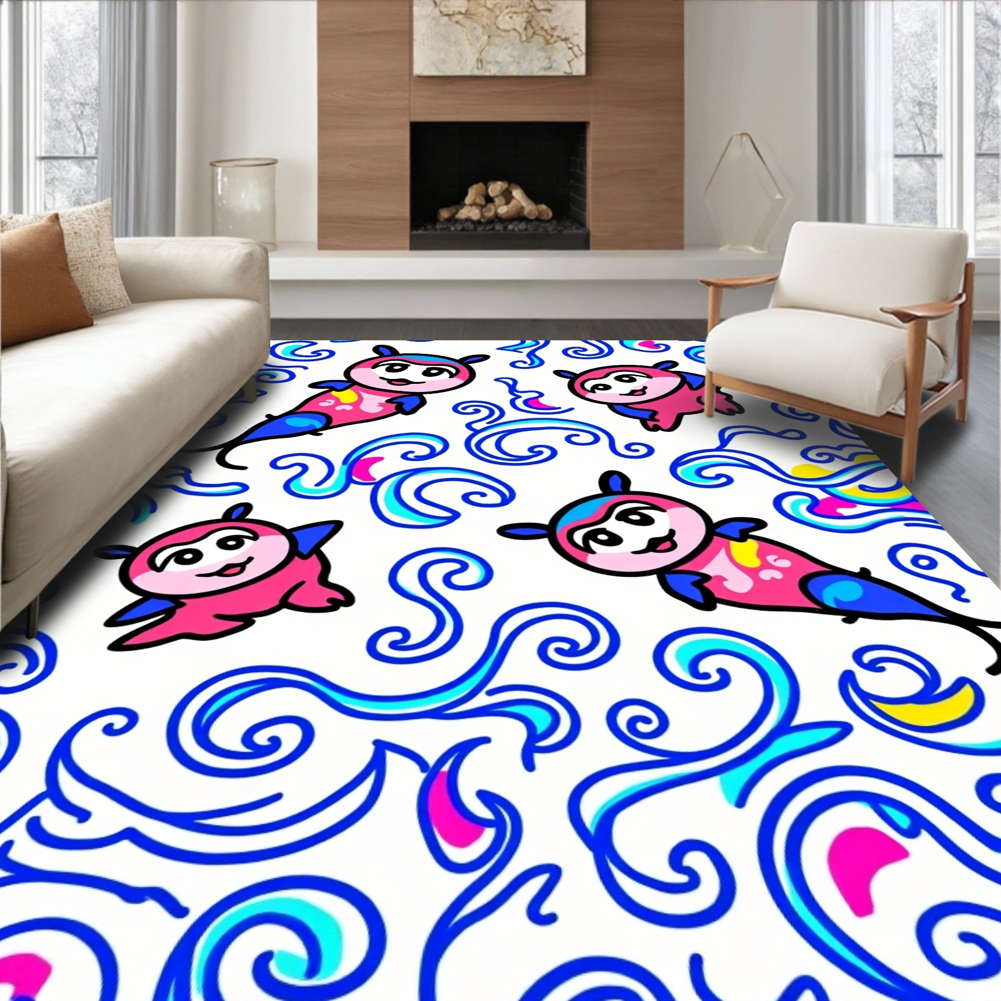 Playful Pink Critters Blue Swirls Rug