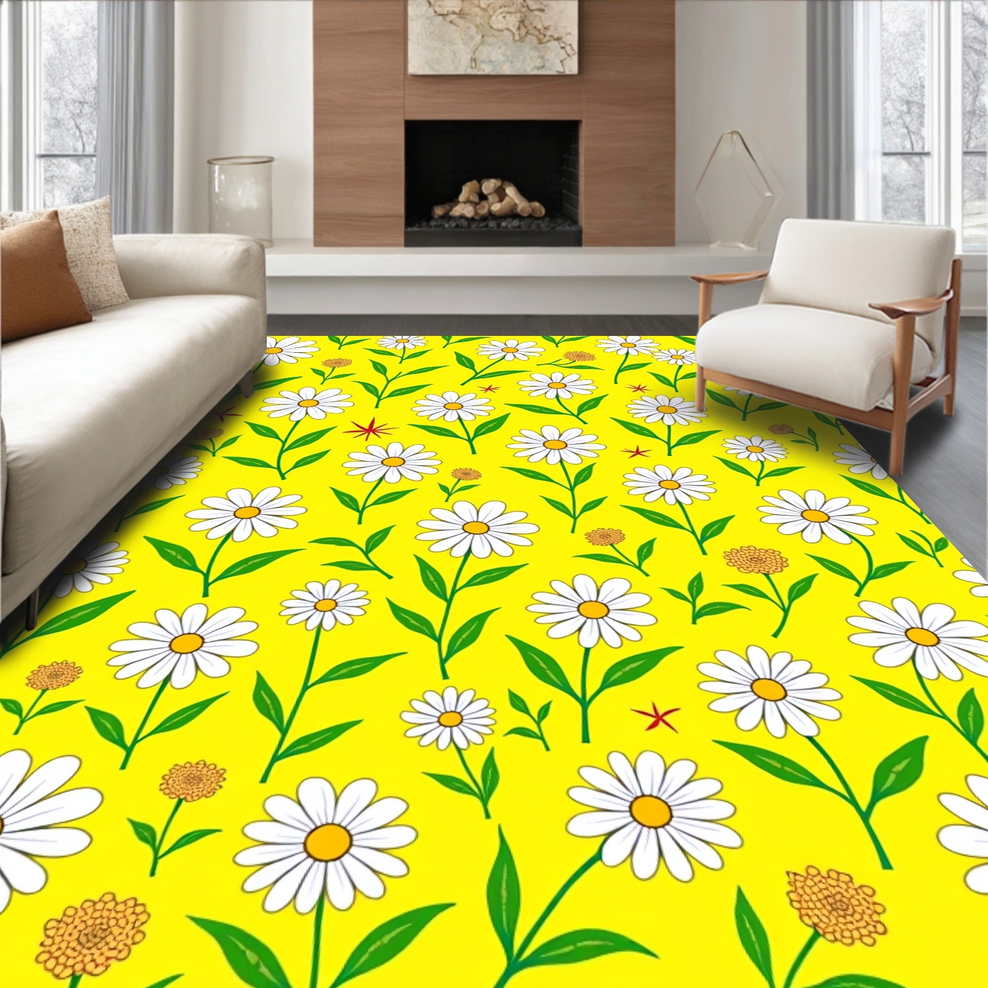 Vibrant Yellow Daisy Field Floral Rug