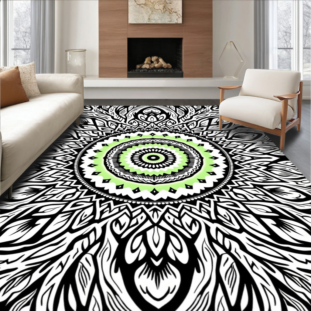 Fractal Lime Green Black Concentric Mandala Rug