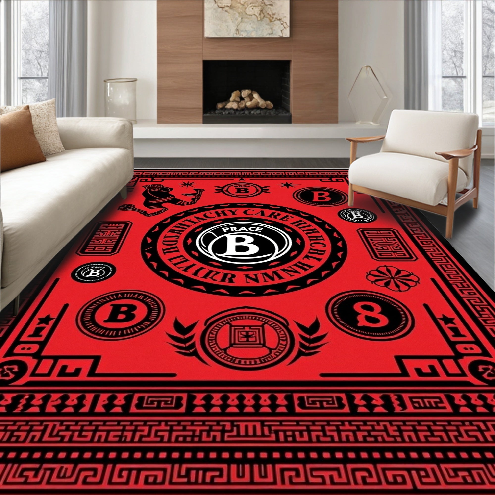 Bold Red Cultural Heraldic Emblem Rug