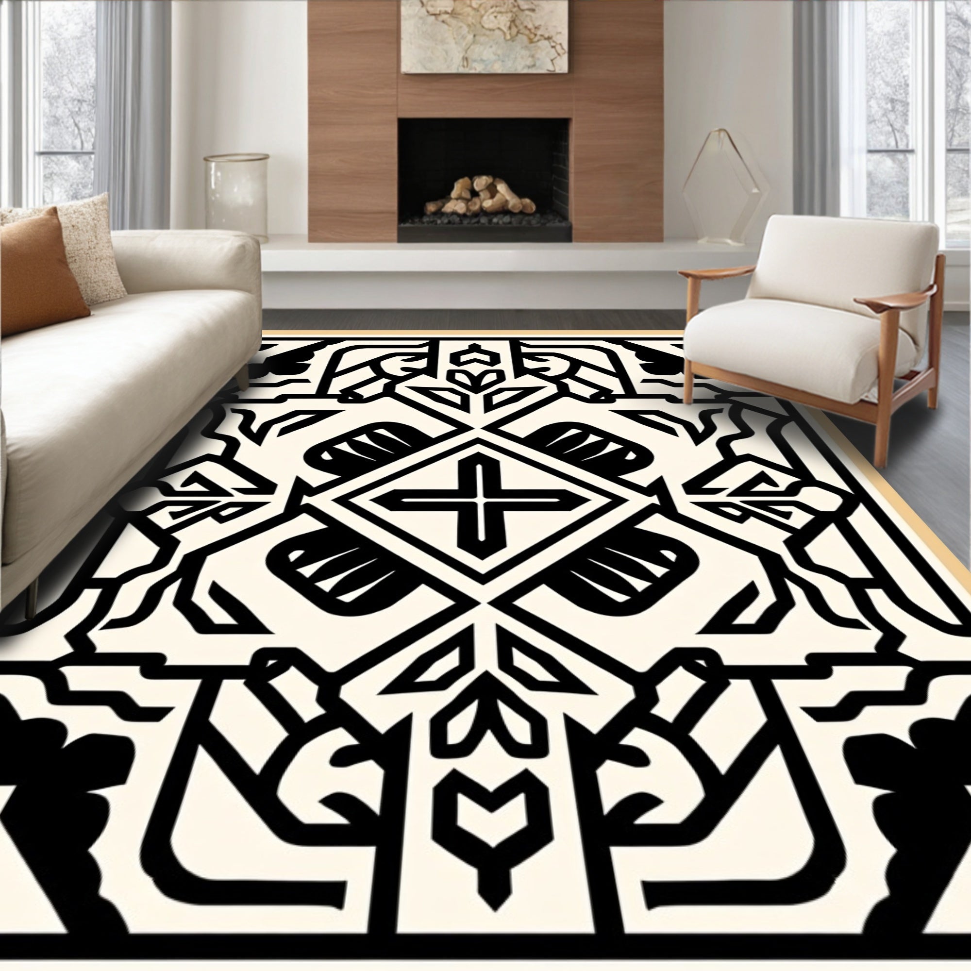 Bold Black Ivory Geometric Medallion Rug