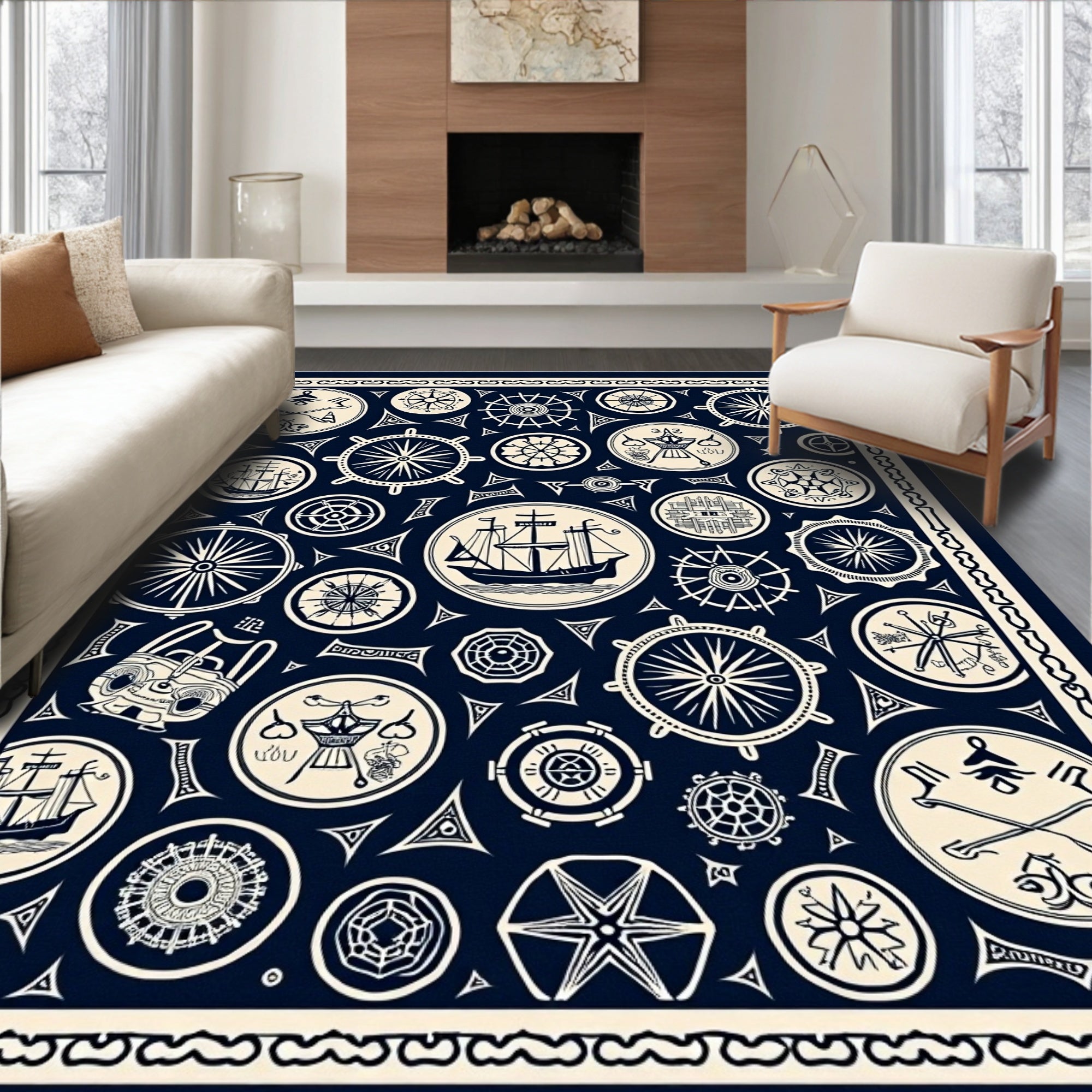 Nautical Navy White Ship Wheel Medallion Rug