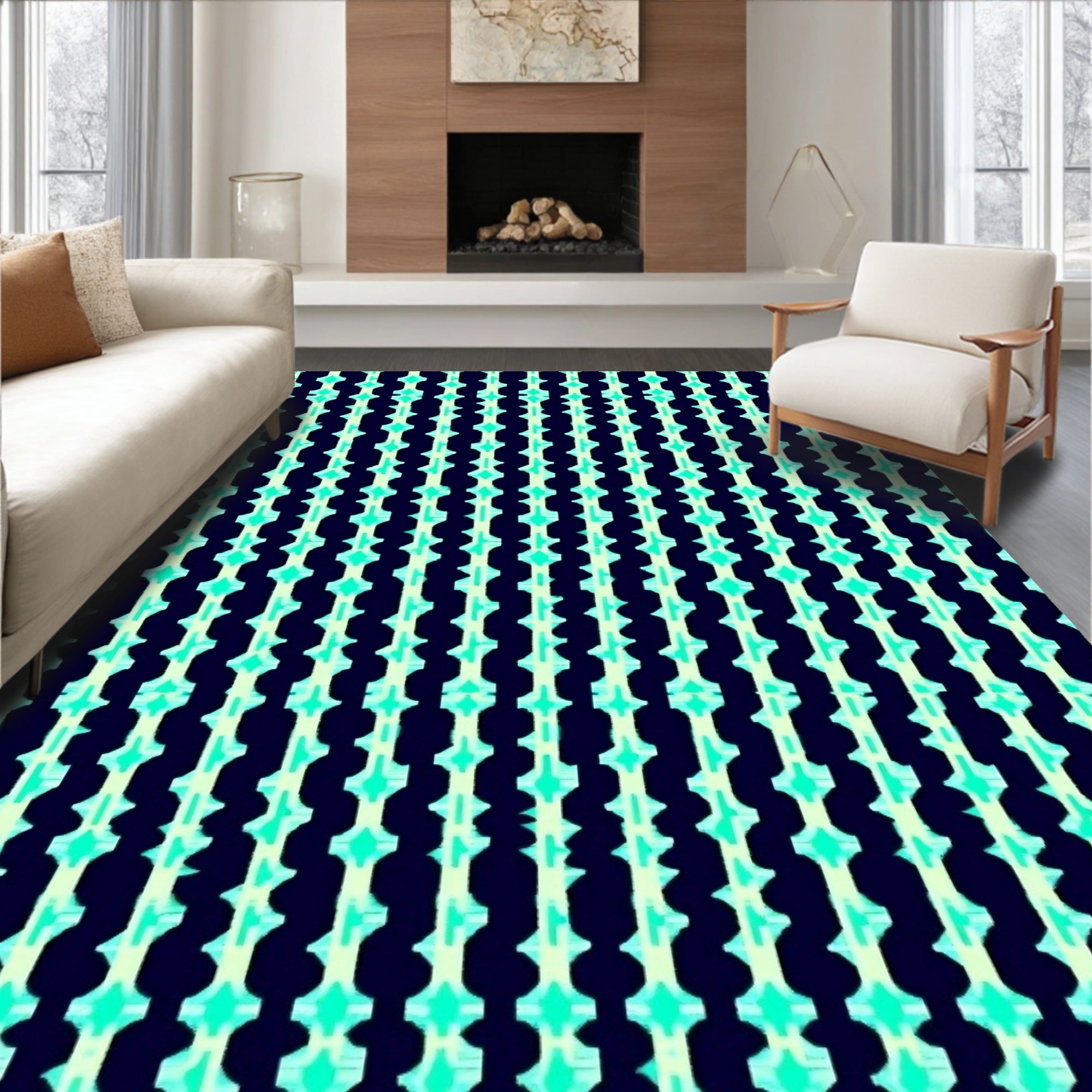 Dark Aqua Starburst Vertical Line Rug