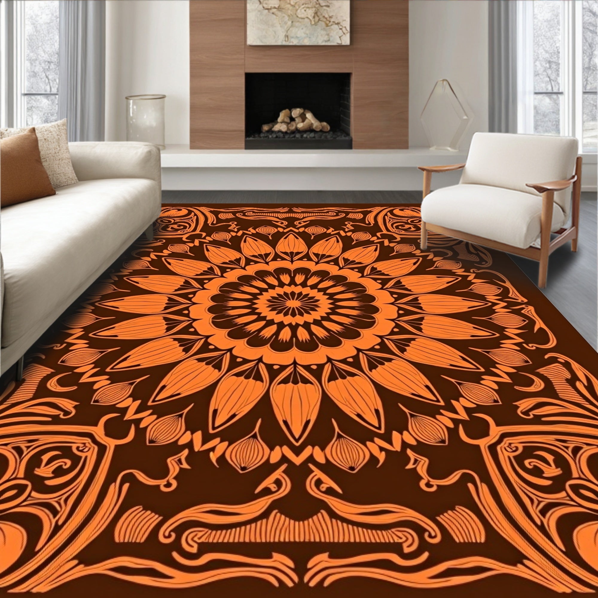 Vibrant Orange Floral Mandala Swirl Rug
