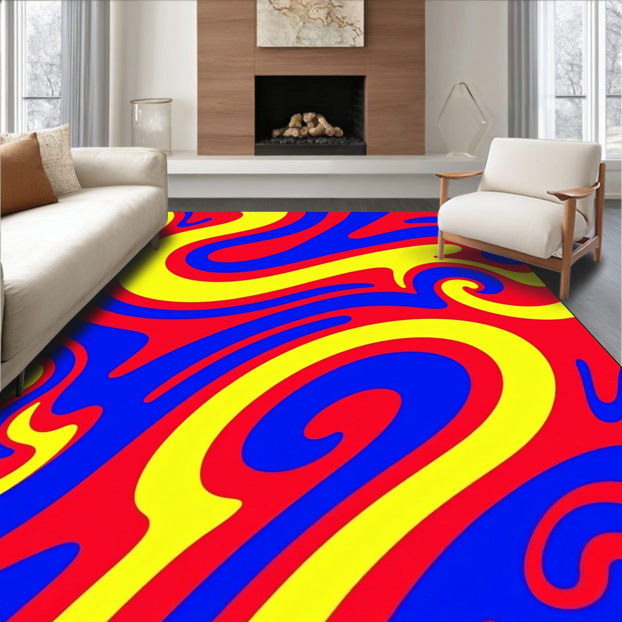 Bold Red Blue Yellow Swirl Rug