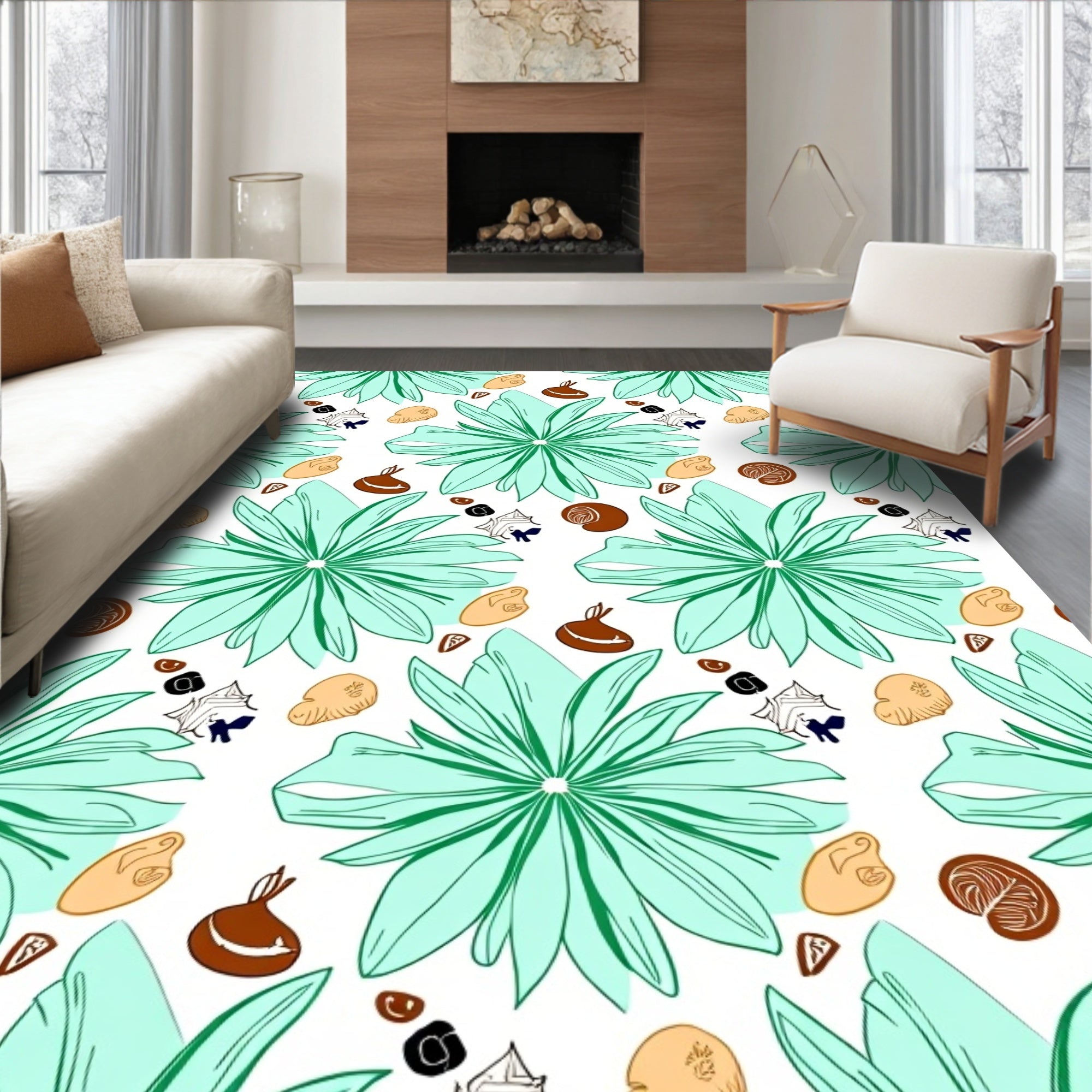 Mint Green Blooming Starbursts Scattered Elements Rug