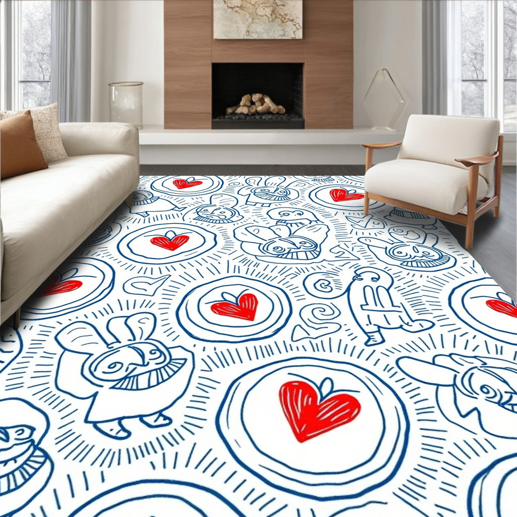 Whimsical Blue Heart Bunny Collage Rug