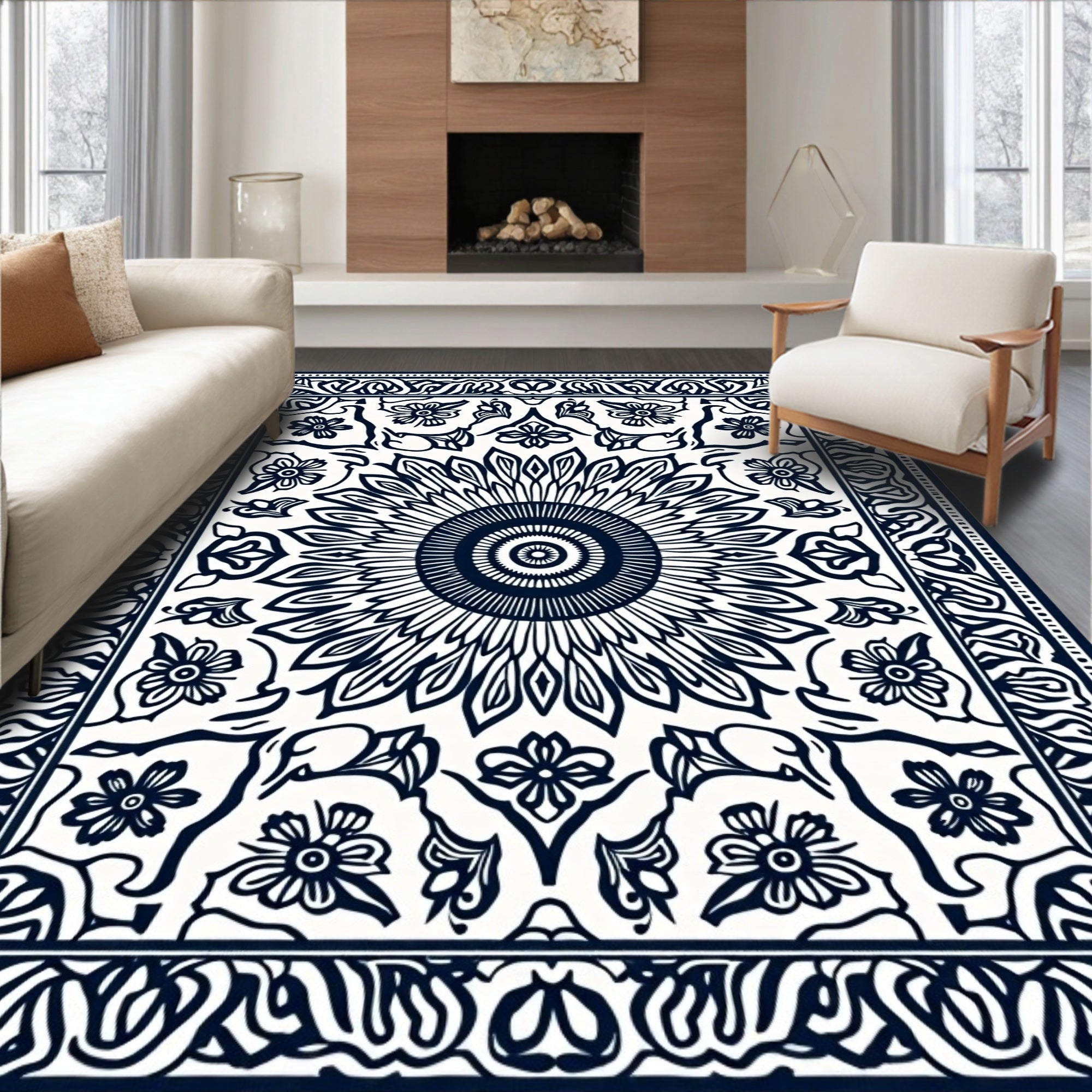 Indigo White Floral Sunburst Rug
