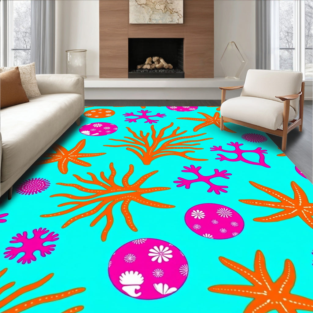 Vibrant Coral Starfish Marine Life Rug