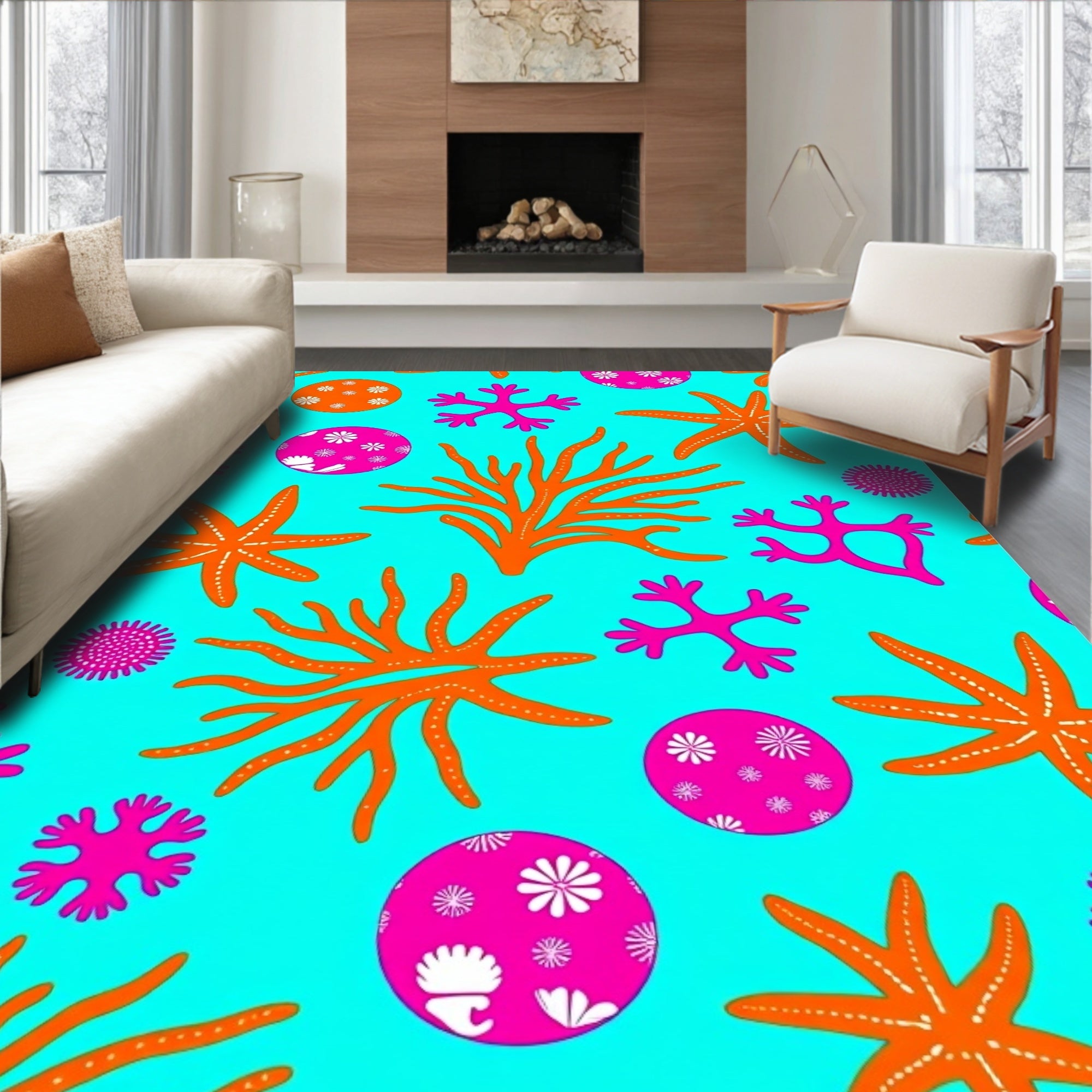 Vibrant Coral Starfish Marine Life Rug