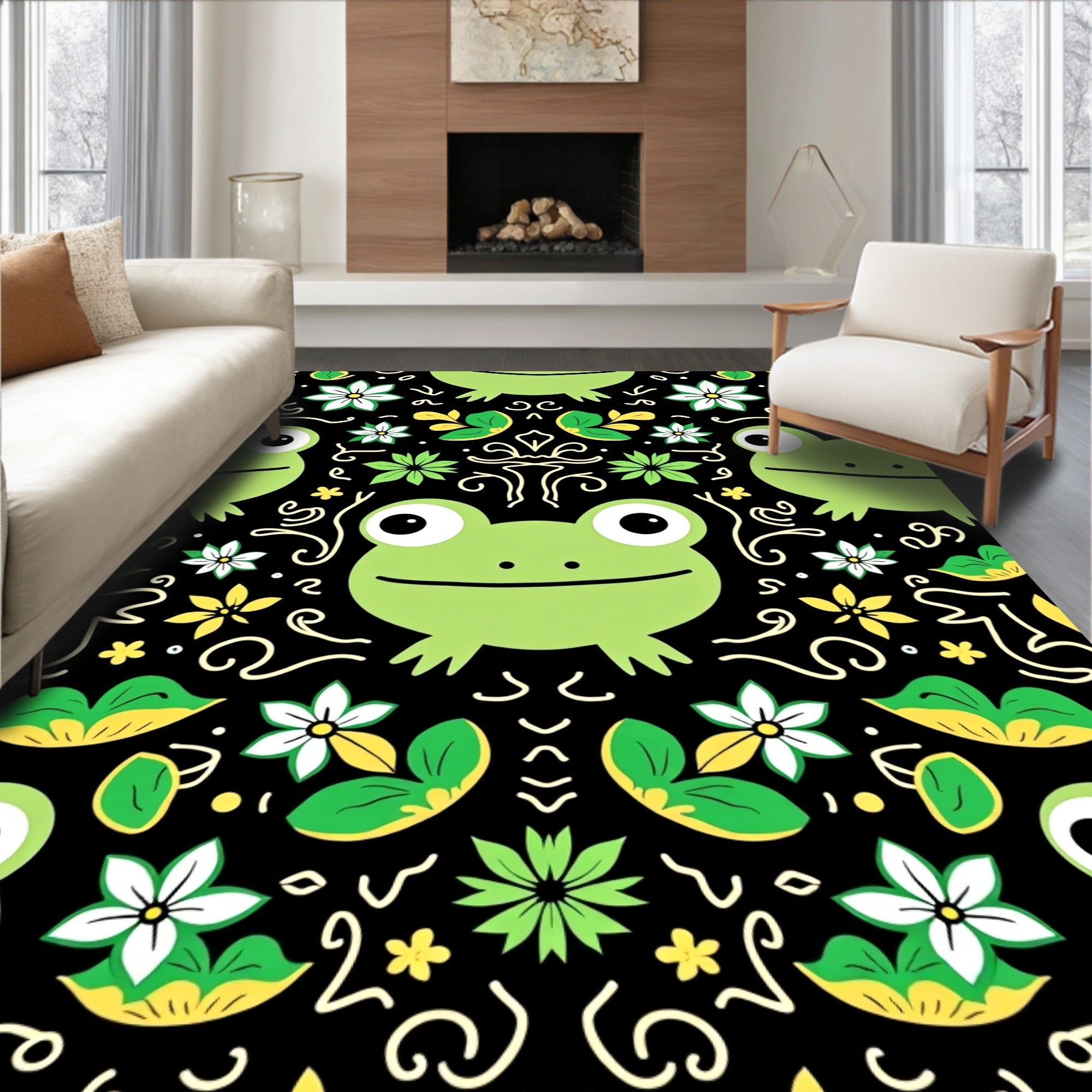 Whimsical Frog Lily Pad Botanical Garden Rug