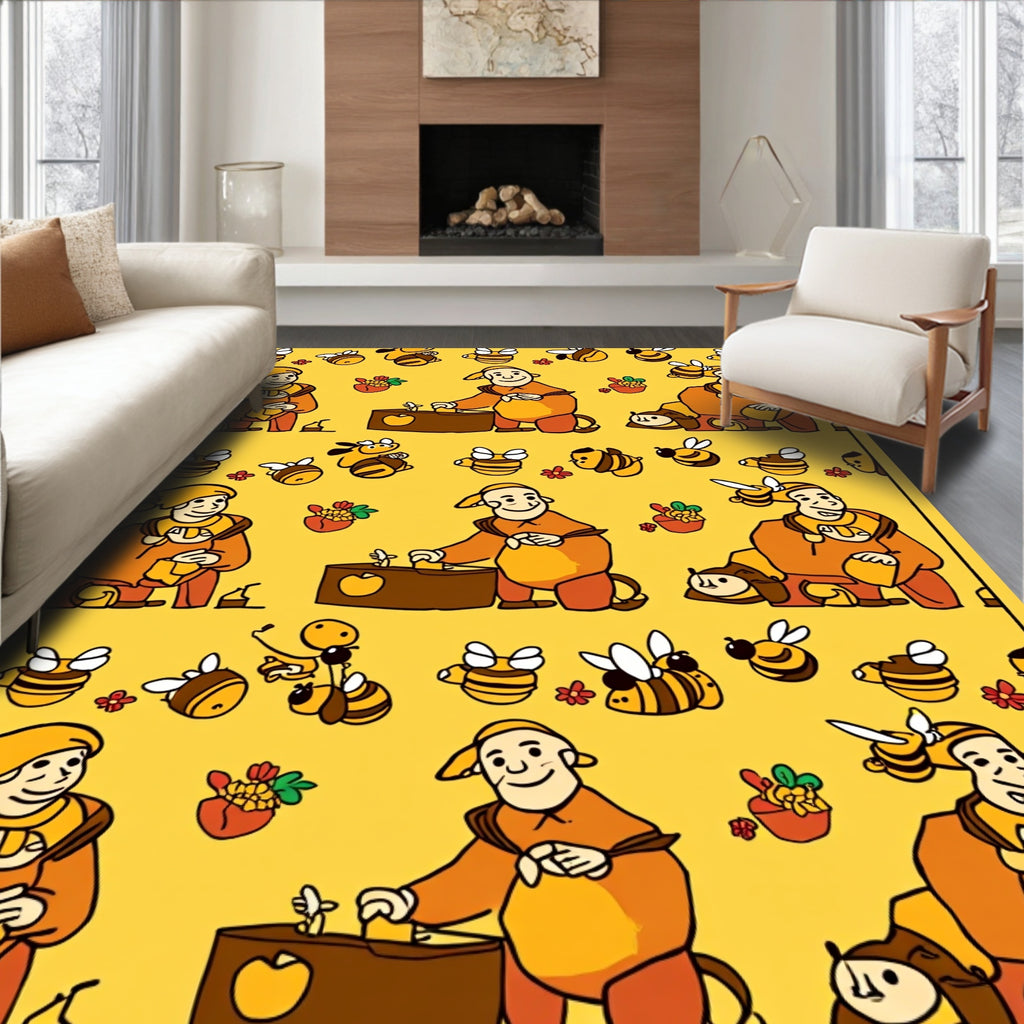 Whimsical Bee Keeper Yellow Folk Art Rug