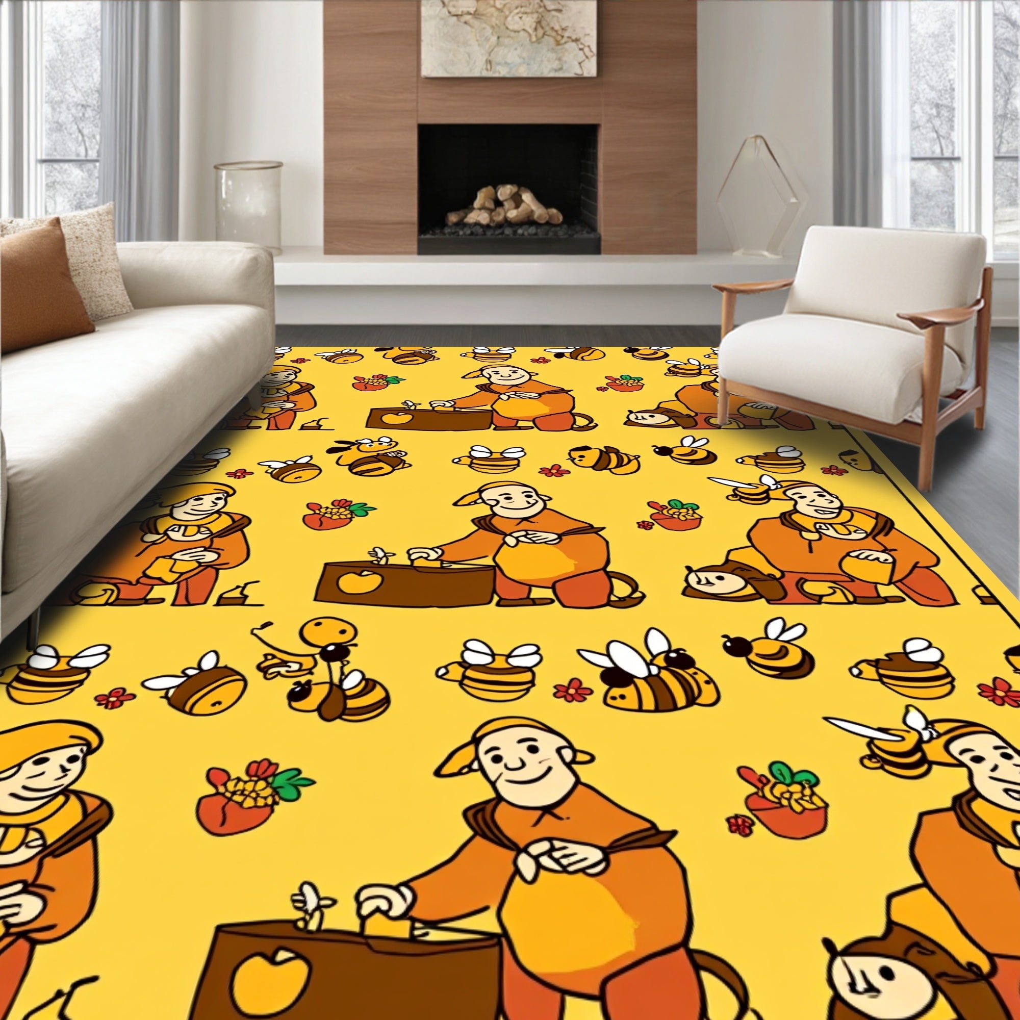 Whimsical Bee Keeper Yellow Folk Art Rug