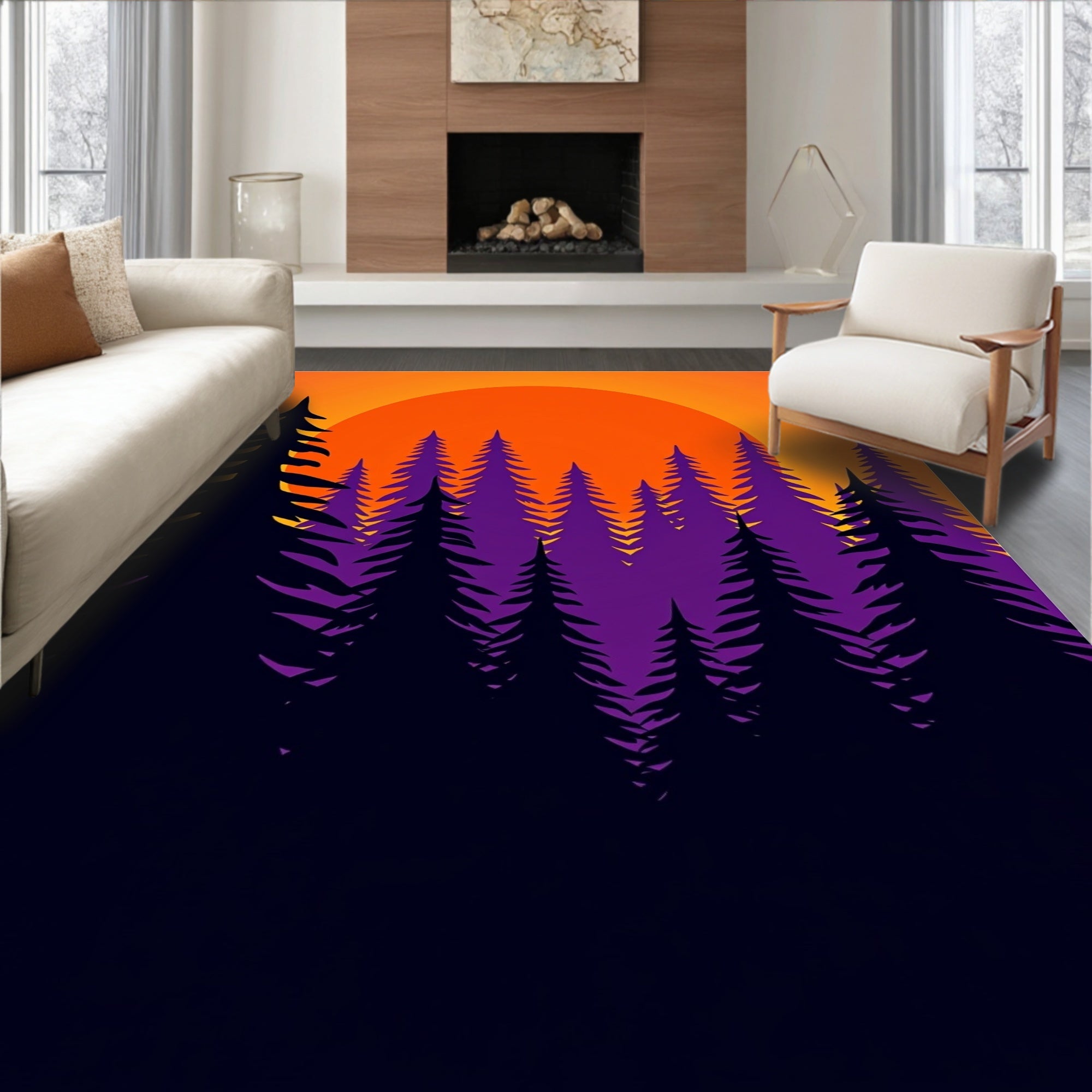 Vibrant Orange Sunset Pine Forest Rug