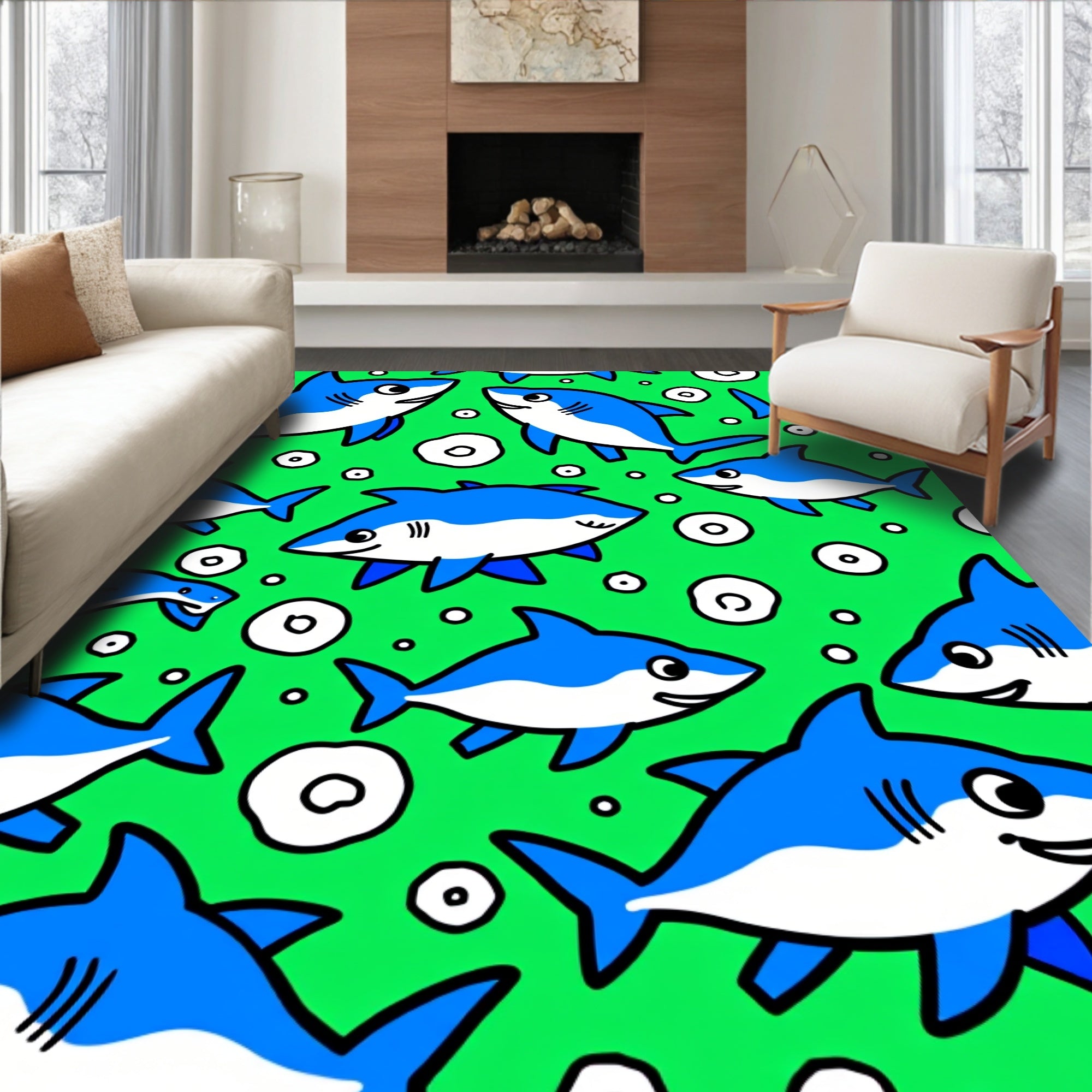 Bright Blue Ocean Shark Bubbles Rug