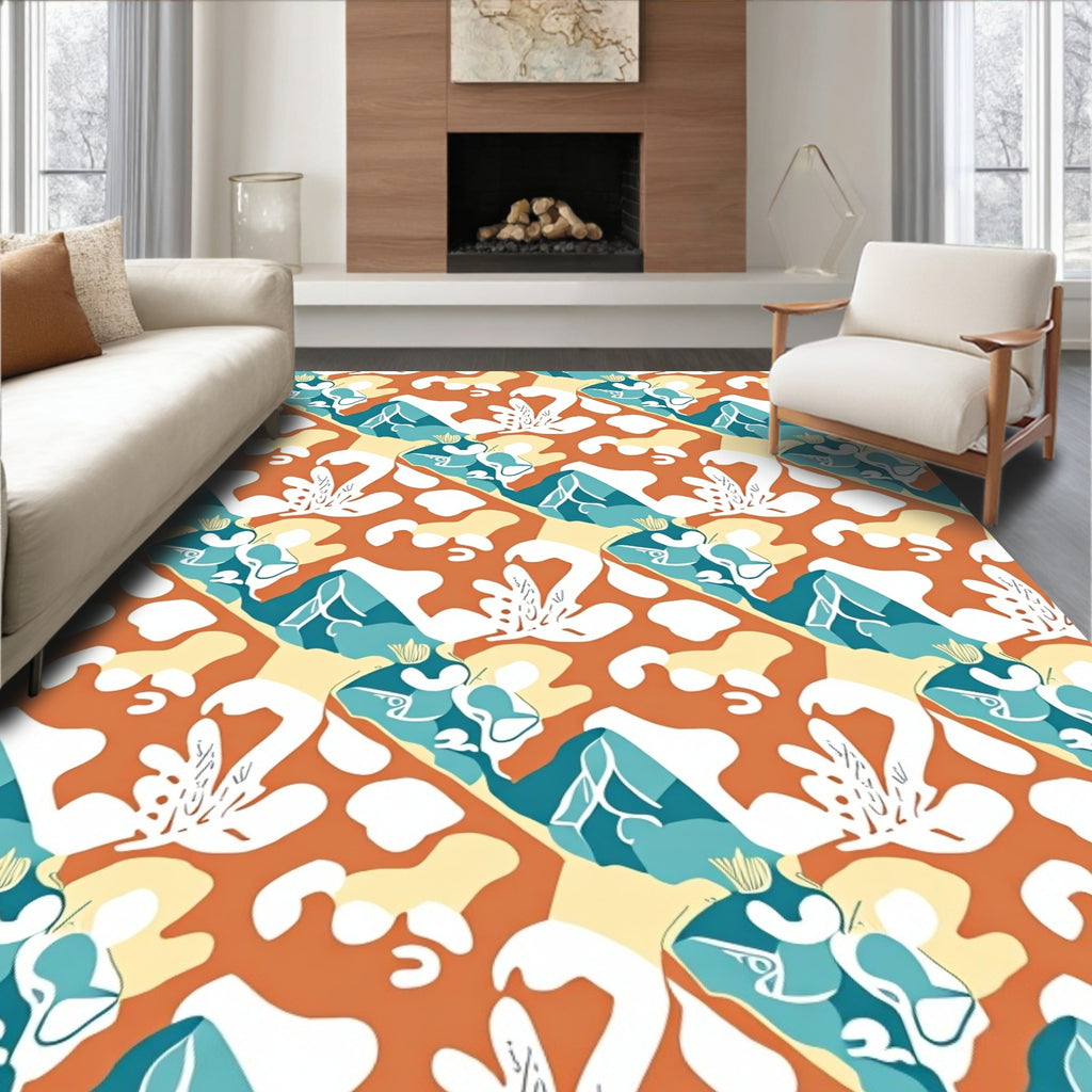 Abstract Terracotta Blue White Organic Forms Rug