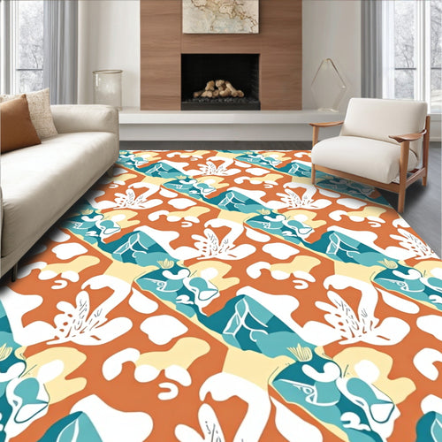 Abstract Terracotta Blue White Organic Forms Rug