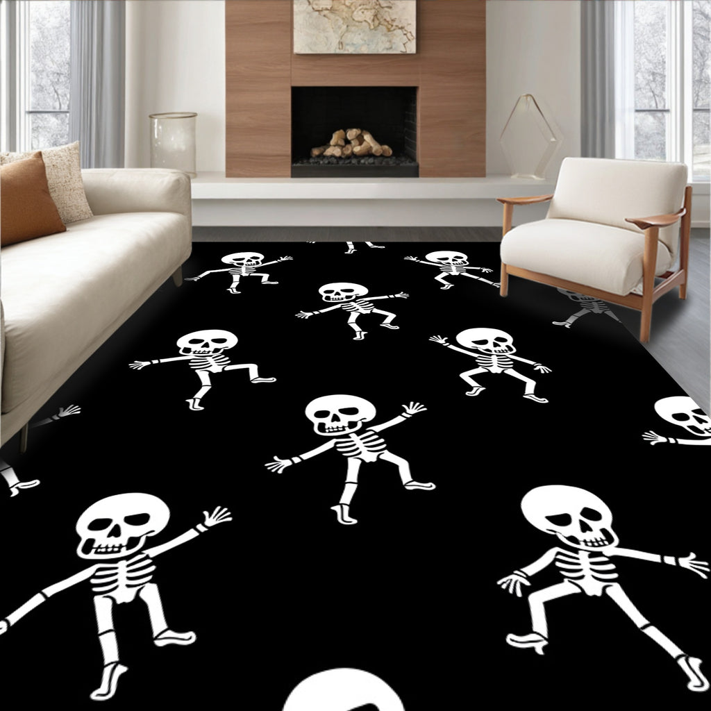Whimsical White Skeleton Dance Black Rug