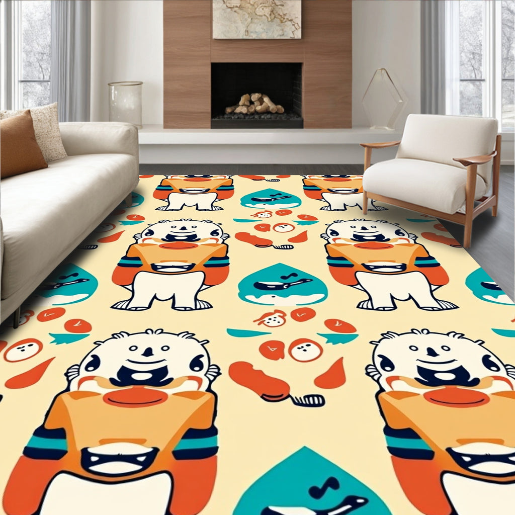 Whimsical Orange Blue Monster Characters Rug