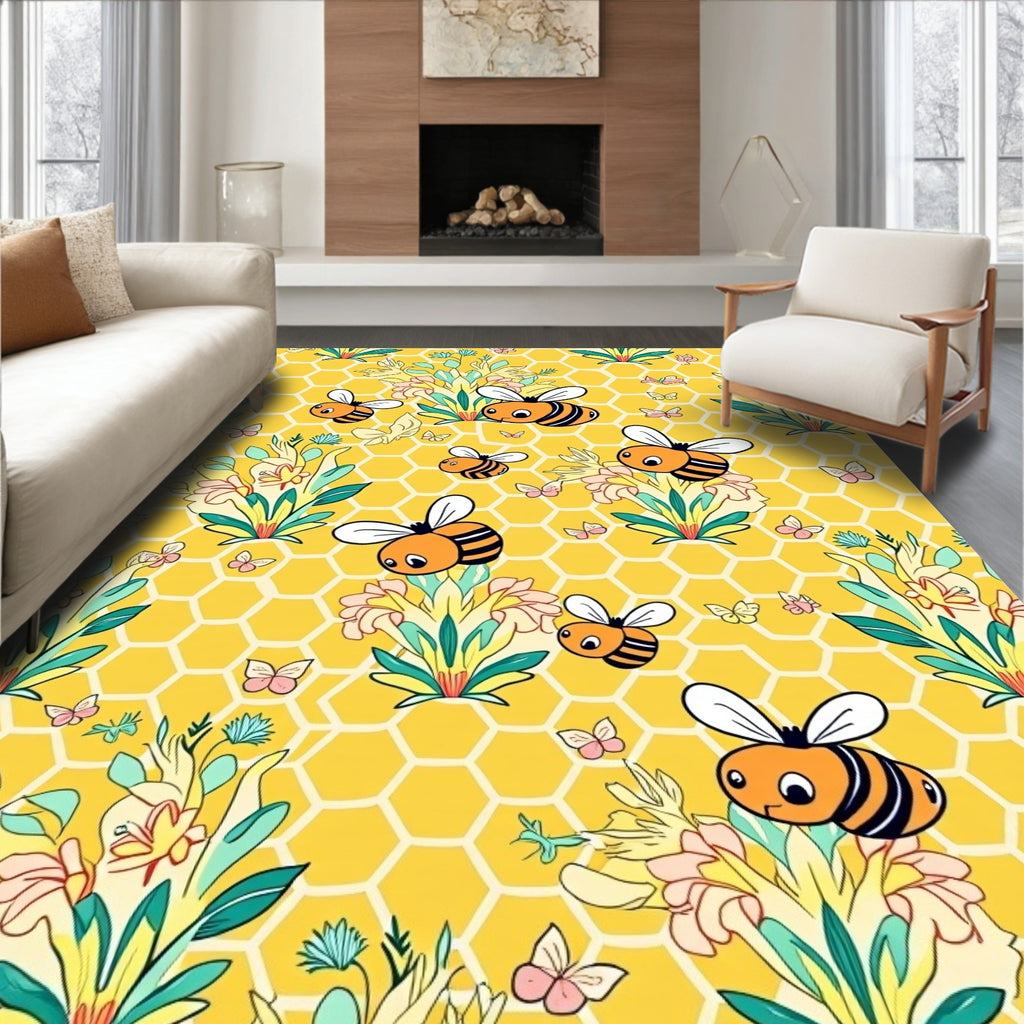 Whimsical Yellow Honeycomb Bee Bloom Rug