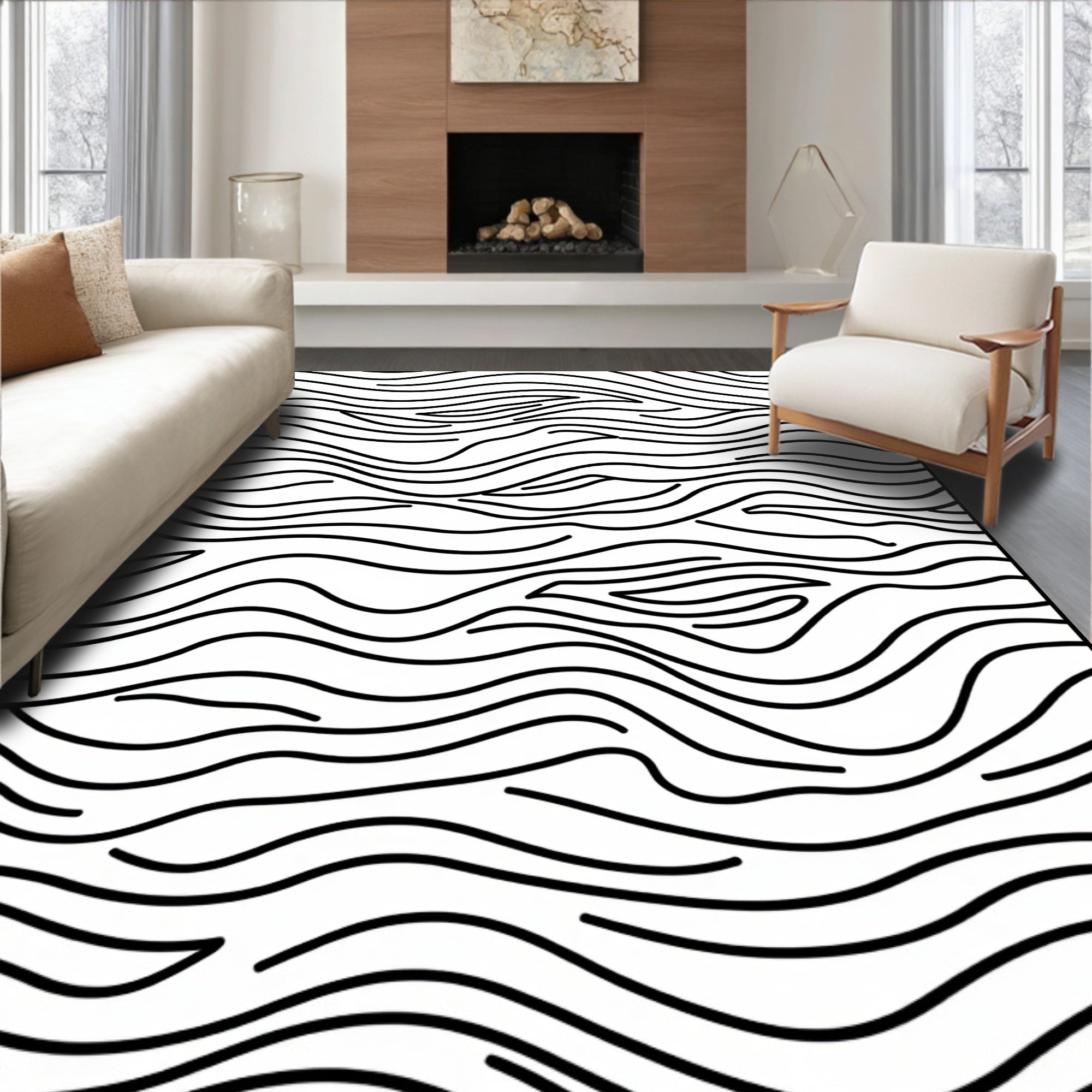 Monochrome Abstract Wavy Lines Rug