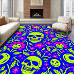 Neon Skulls Pink Flowers Blue Background Rug