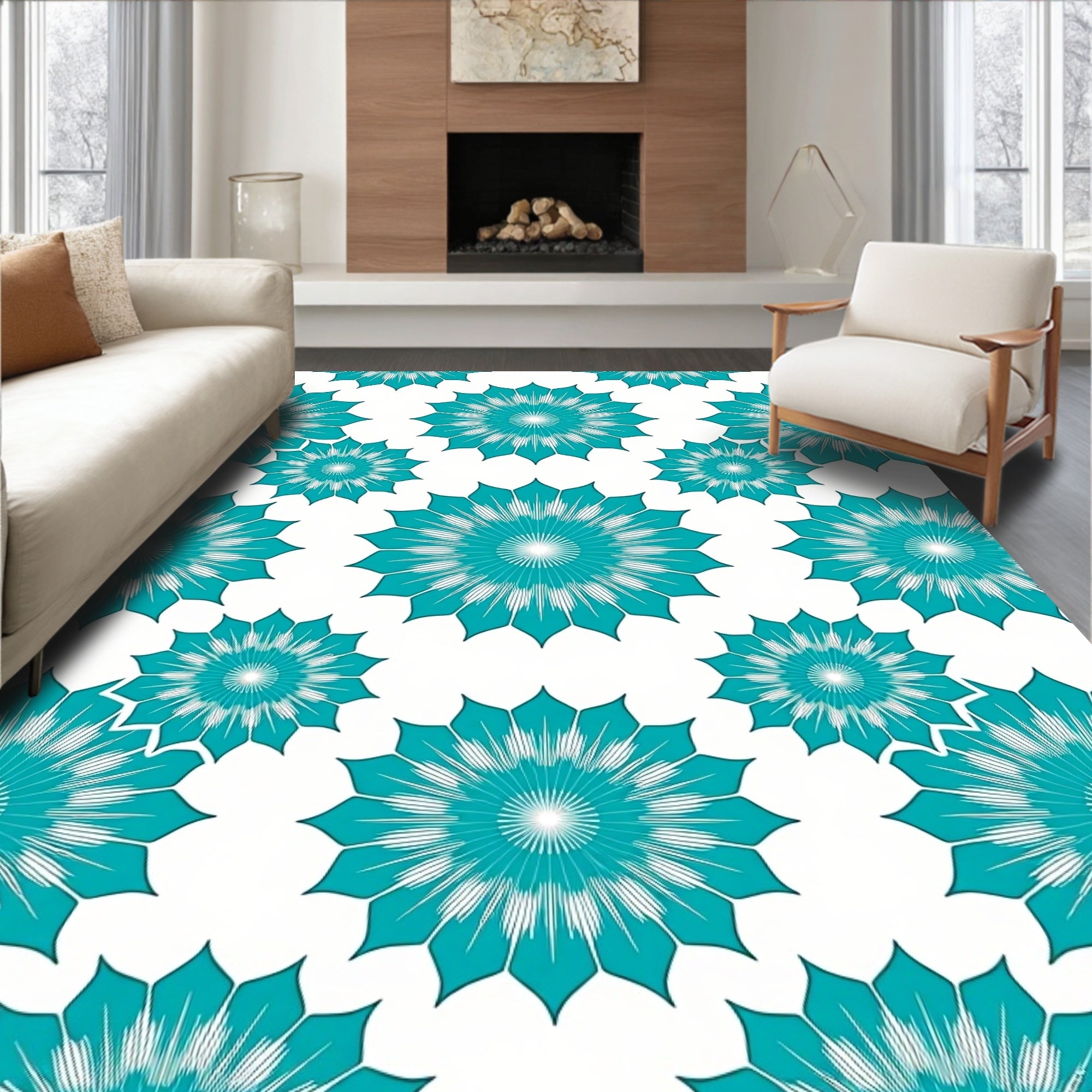 Teal Burst Floral Arrangement Rug