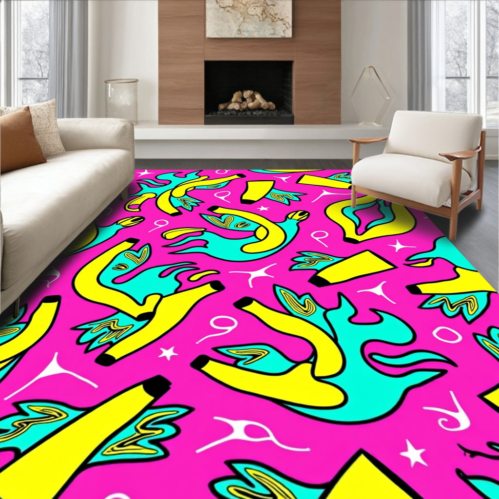 Vibrant Pink Yellow Cyan Abstract Shapes Rug