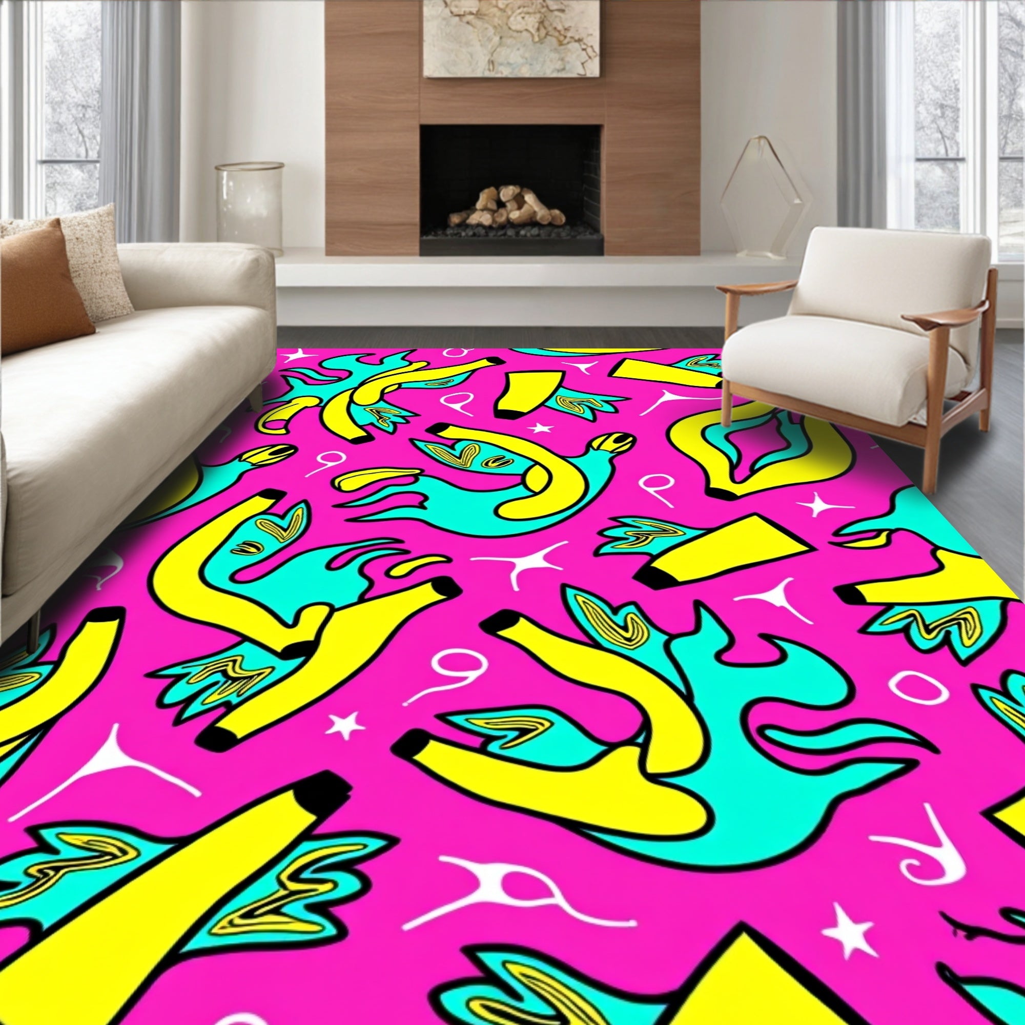 Vibrant Pink Yellow Cyan Abstract Shapes Rug