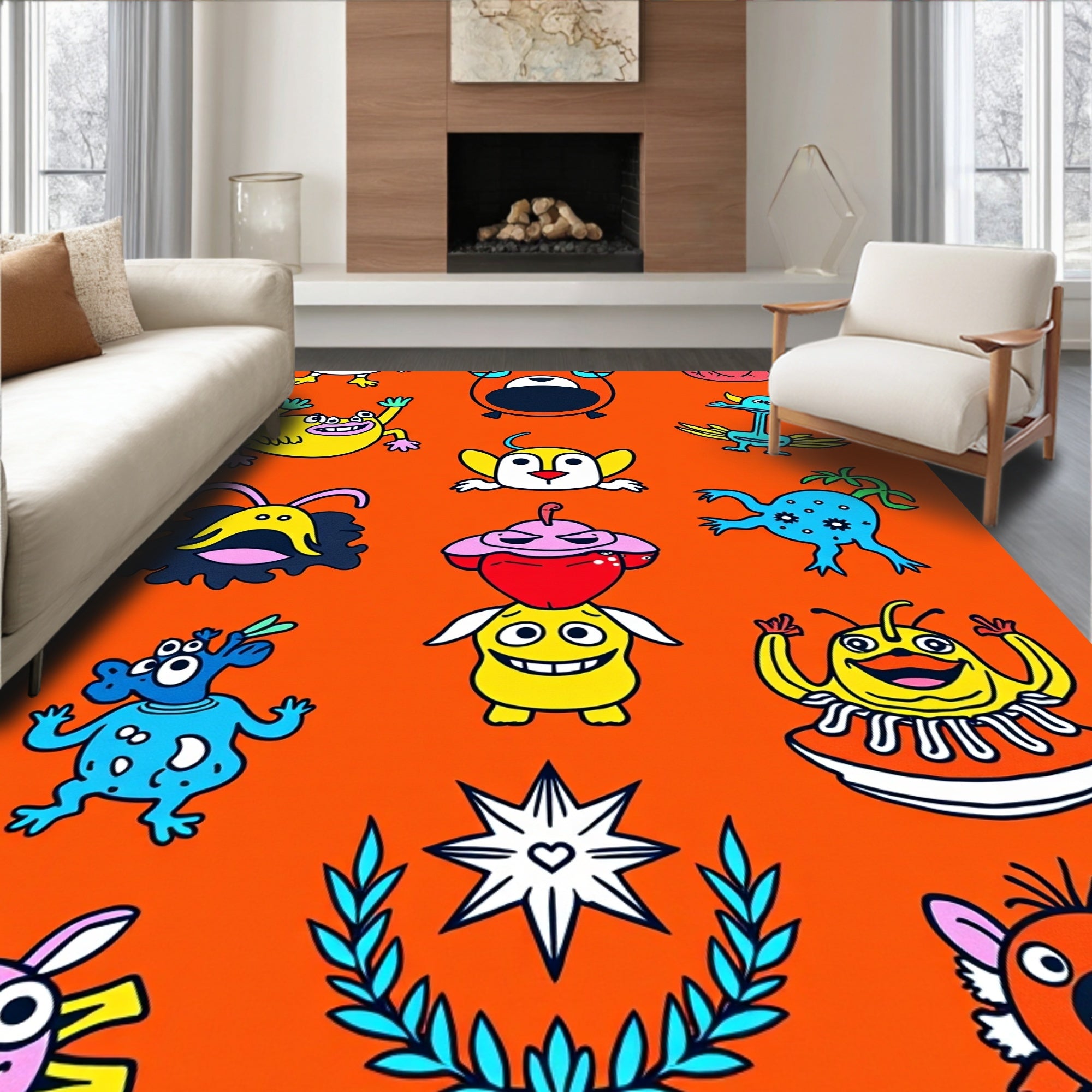 Whimsical Colorful Monster Collage Rug