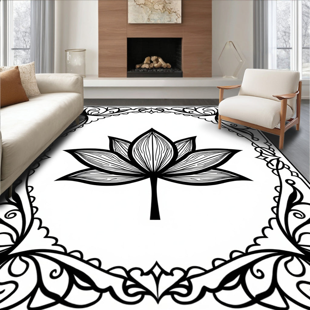 Elegant Black Lotus Frame Rug
