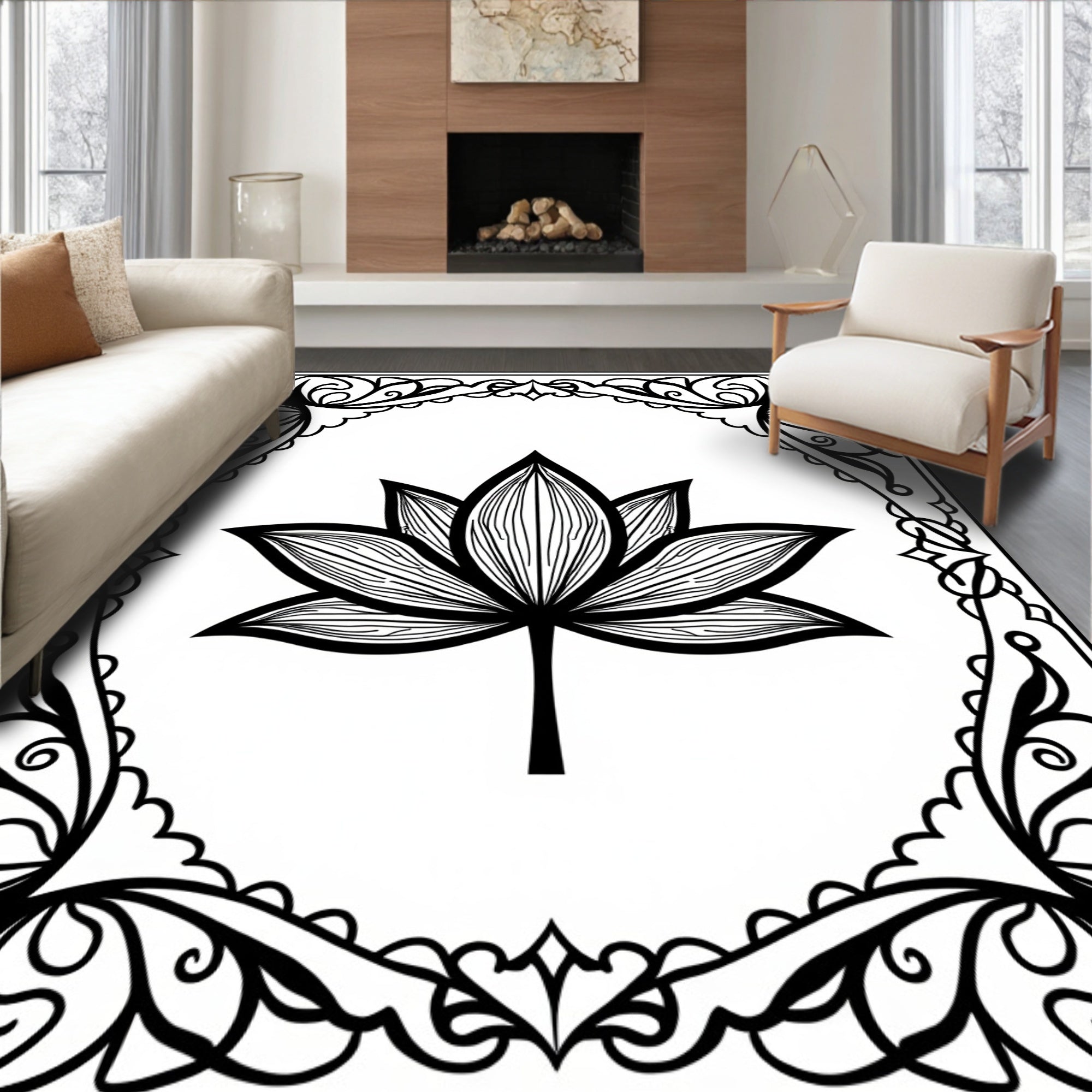 Elegant Black Lotus Frame Rug