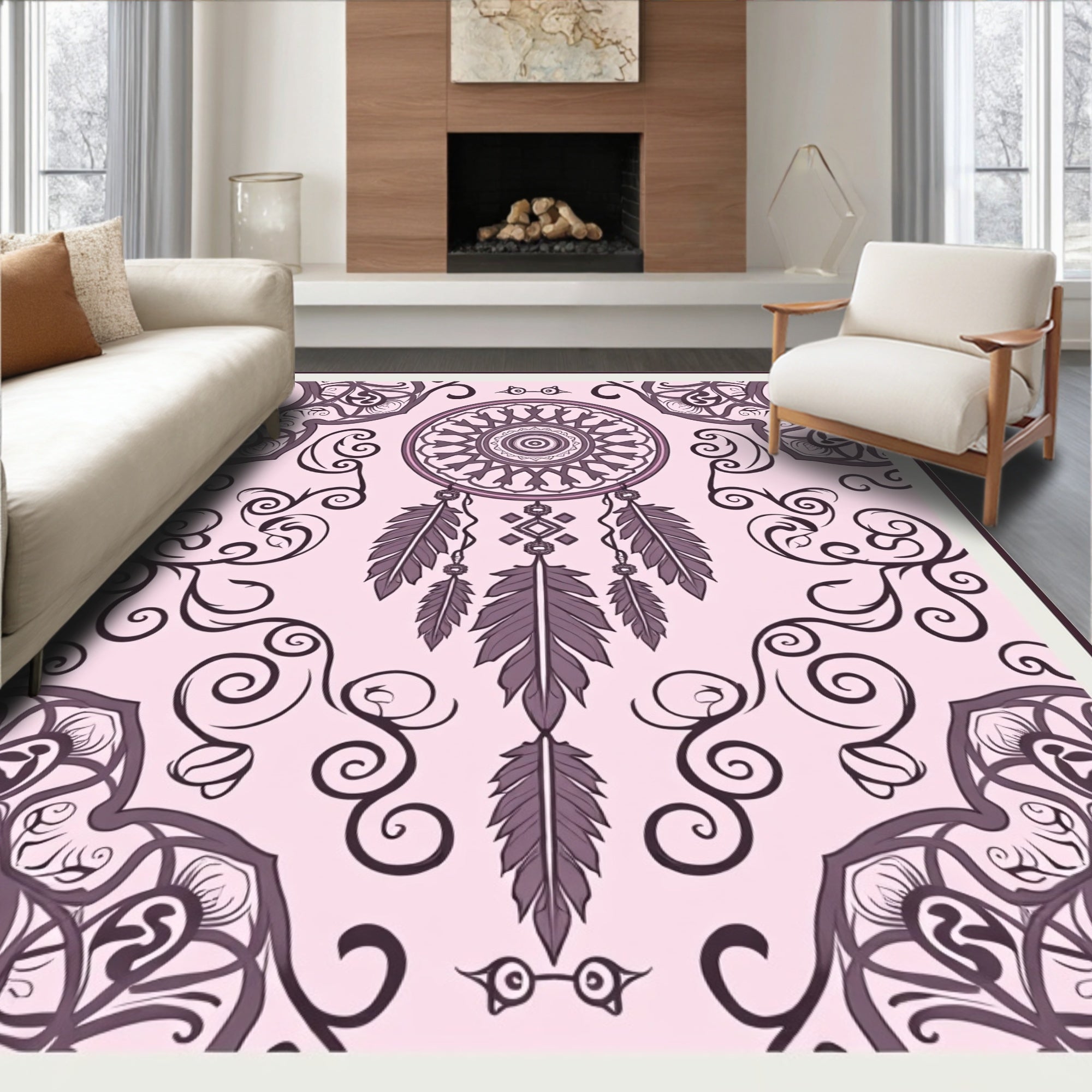 Pink Dreamcatcher Feather Mandala Rug