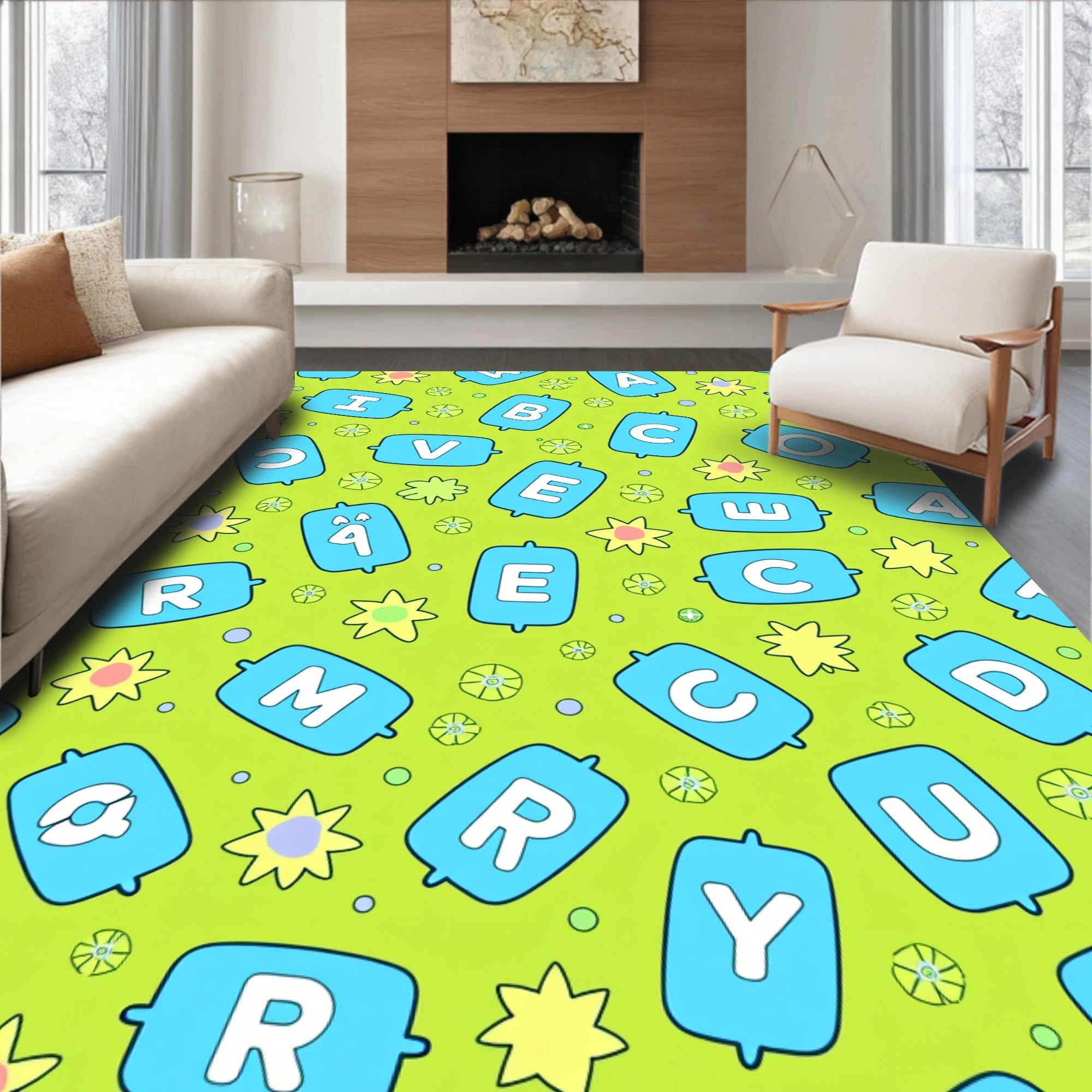 Light Green Alphabet And Stars Rug