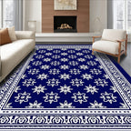 Deep Blue Floral Bordered Rug