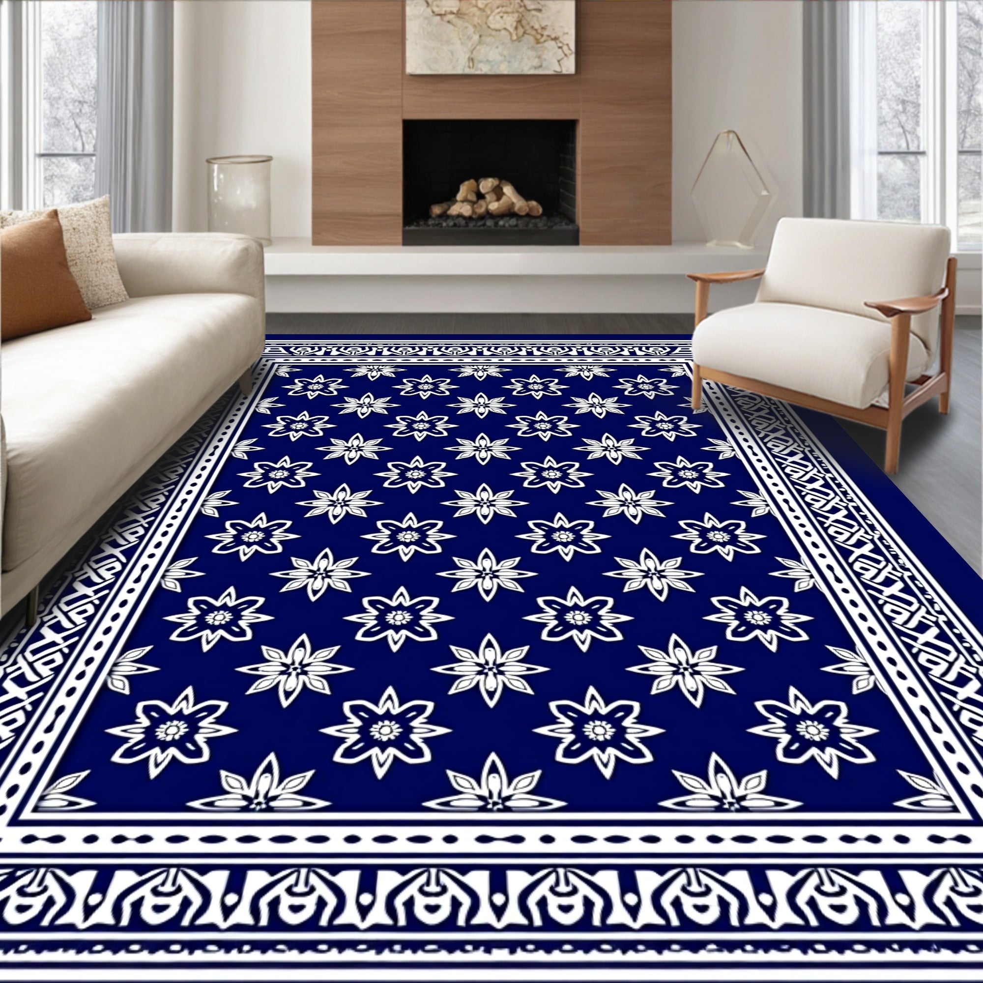 Deep Blue Floral Bordered Rug