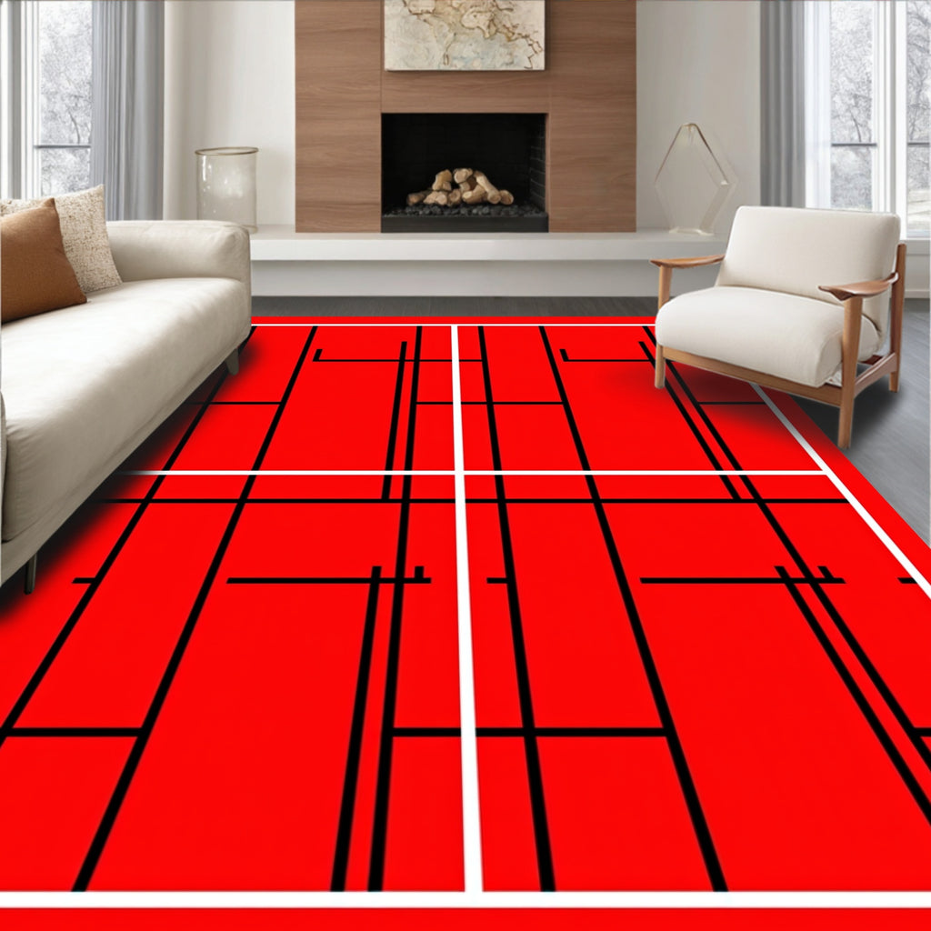 Bold Red Geometric Grid Rug