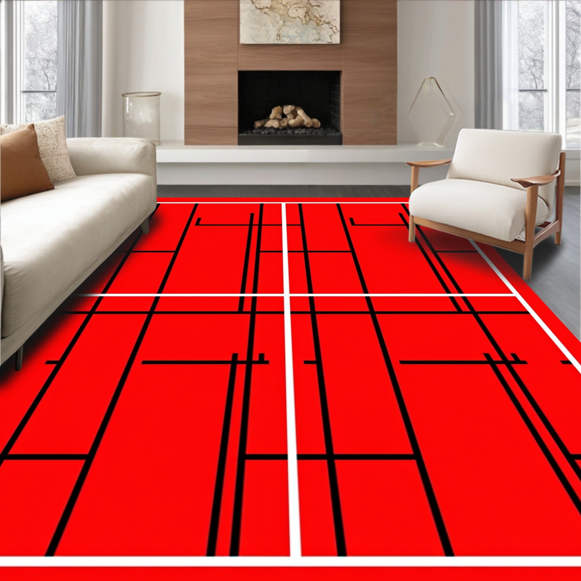 Bold Red Geometric Grid Rug