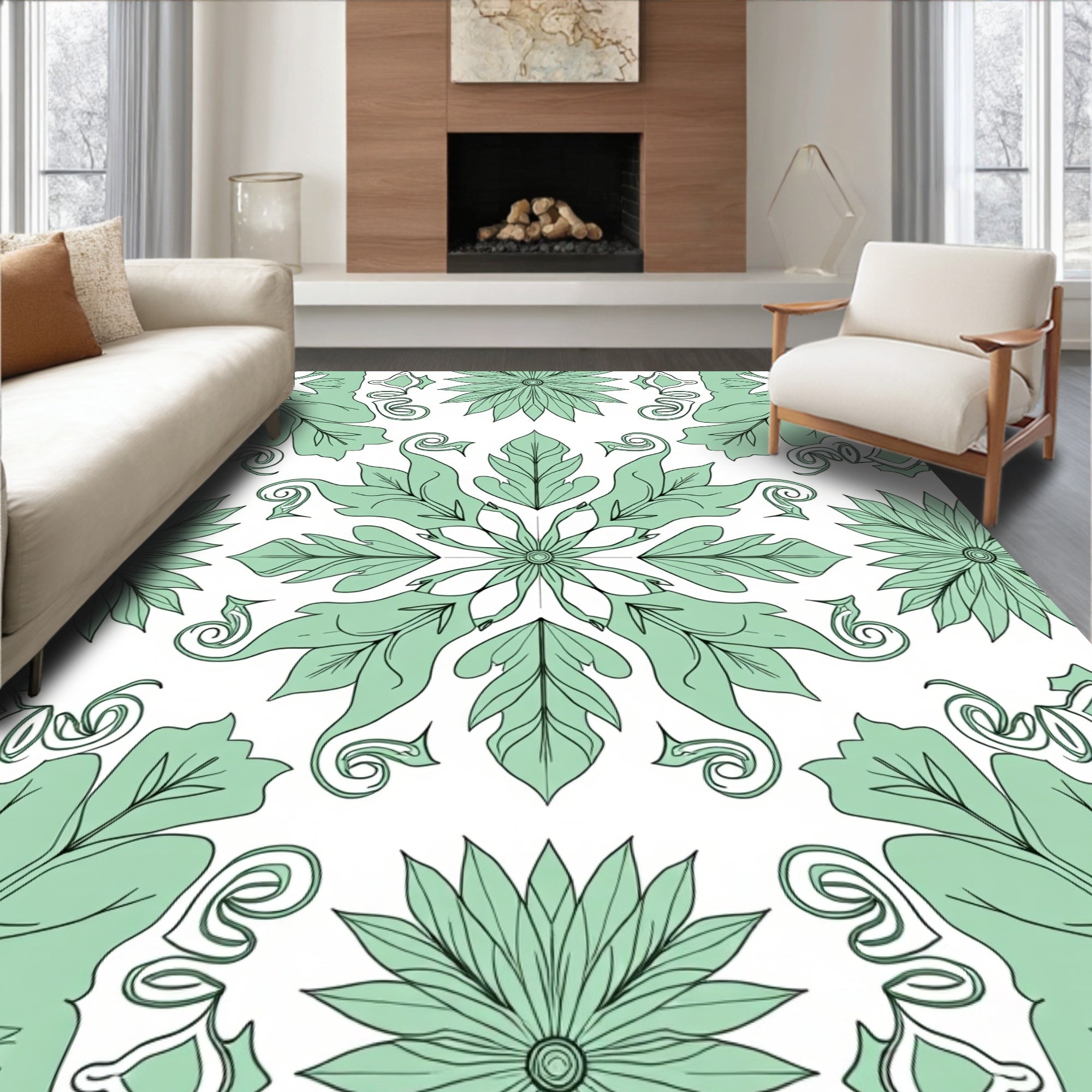 Mint Green Floral Medallion Art Nouveau Rug