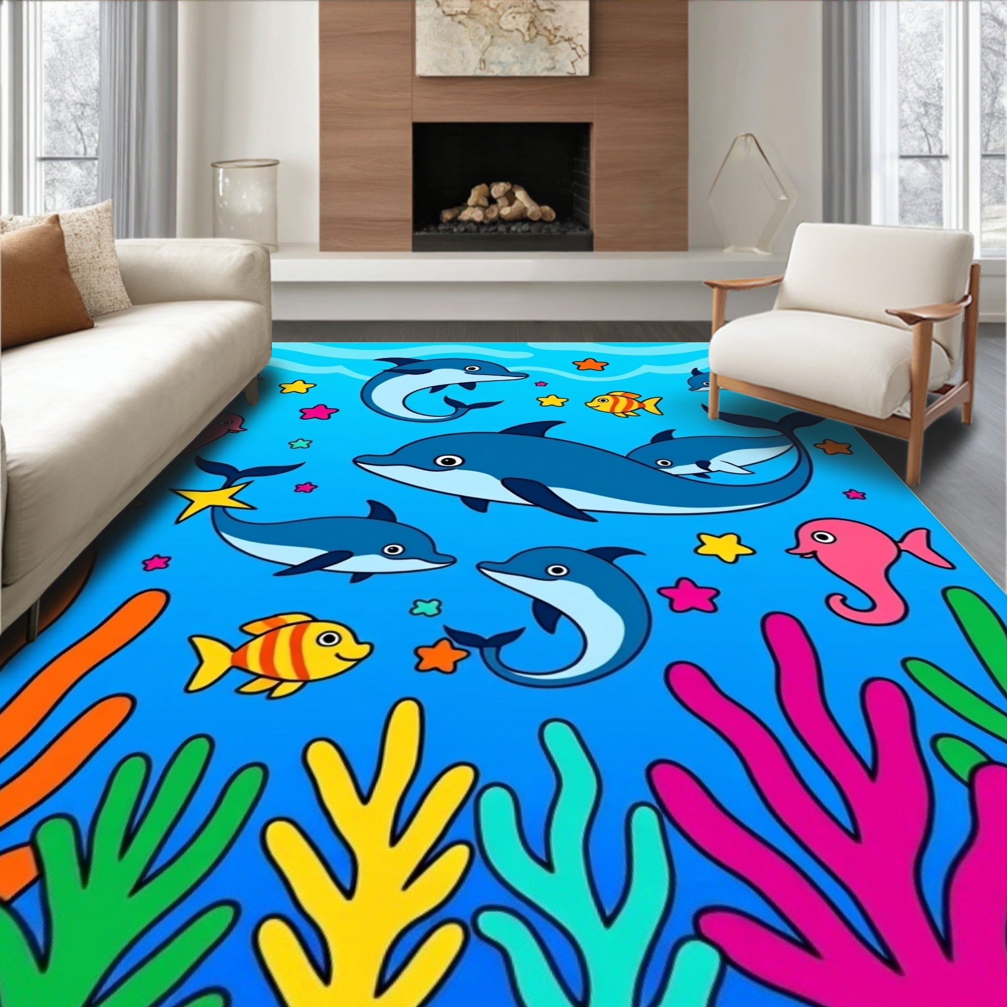 Playful Blue Dolphins Coral Sea Life Rug