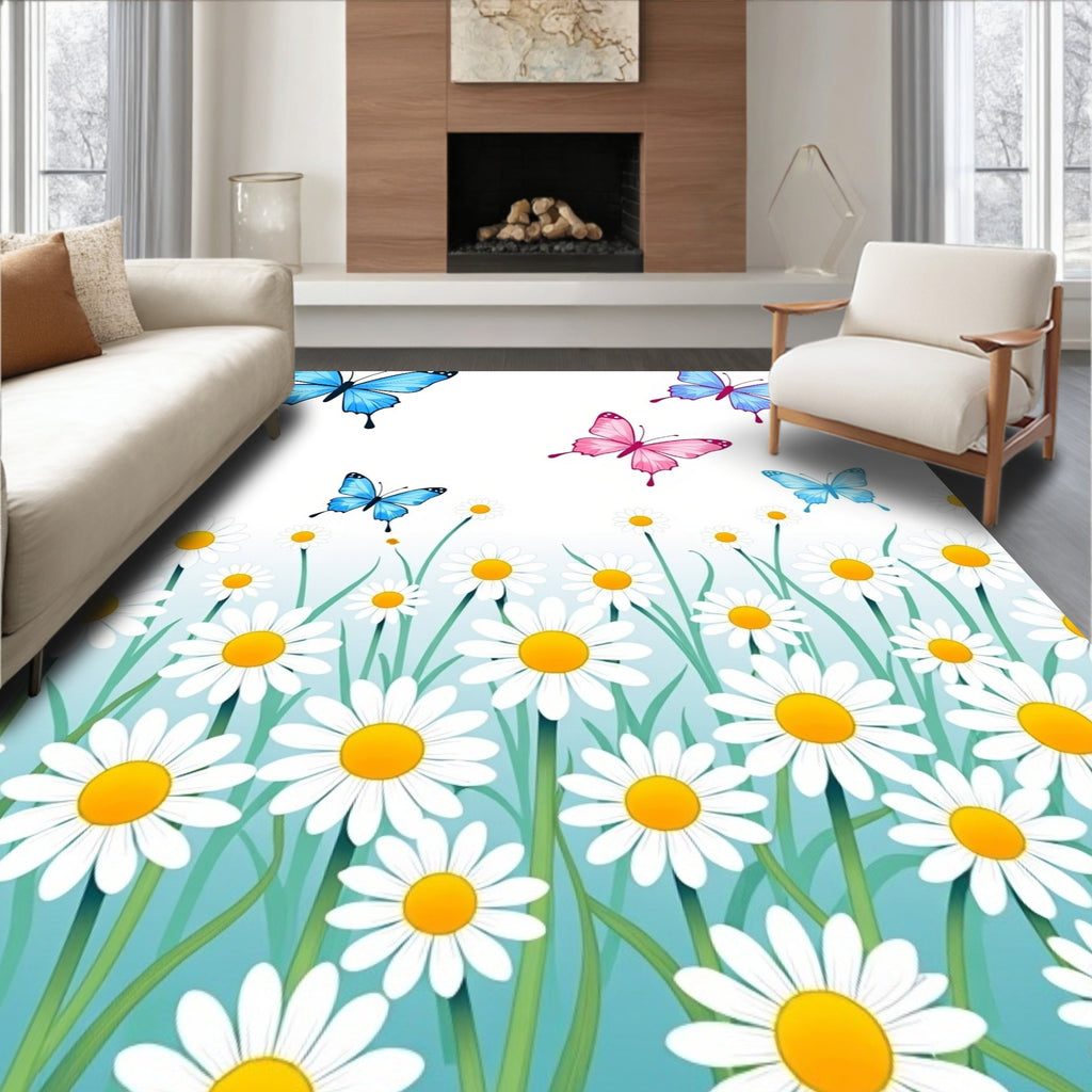 Whimsical Butterflies Daisy Meadow Scene Rug