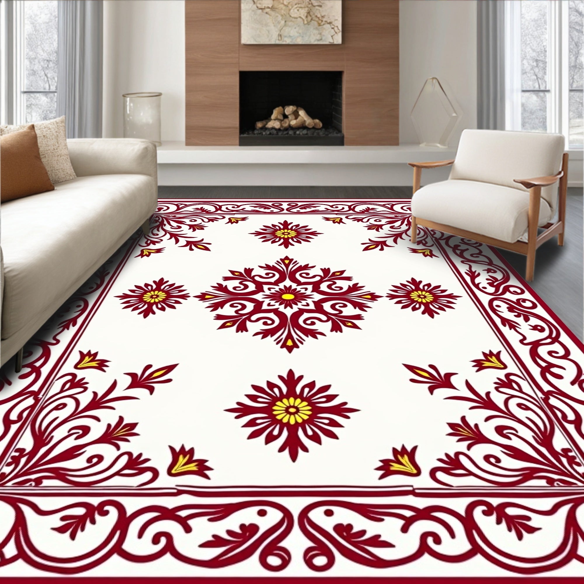 Crimson Yellow Floral Border Medallion Rug