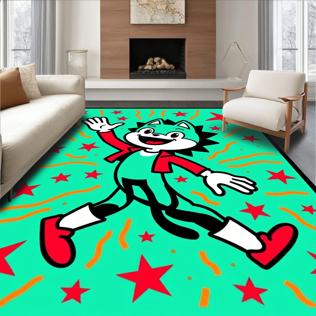 Retro Teal Starburst Cartoon Cat Rug